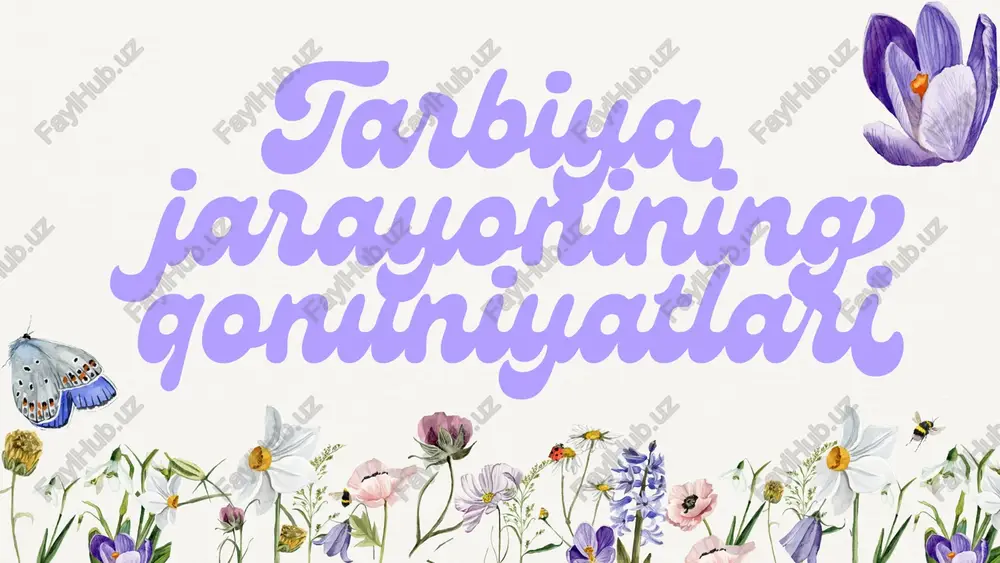 n uzviy bog'liq bo'ladi. 3. tarbiya jarayonining uzluksizlik va davomiylik qonuniyati tarbiya bir martalik emas, balki butun umr davom etuvchi jarayondir. insonning har bir yosh davriga mos keladigan tarbiya usullari go'llaniladi. masalan, bolalikda axloqiy tarbiya ustuvor bo'lsa, o‘'smirlik davrida mehnat va kasbiy tarbiya muhim ahamiyat kasb etadi. tarblya jjarayonining mantiqly izchillik qonuniyati tarbiya jarayoni tizimli va bosqichma-bosaqich olib borilishi kerak. har bir tarbiya bosqichi oldingisiga asoslanib, keyingisiga tayyorgarlik vazifasini bajaradi. tarbiya jarayonining tarbiyalanuvchilarning yosh va individual xususiyatlariga mosligi tarbiya usullari va mazmuni bolala va o’smirlarning yosh xususiyatlariga mos bo'lishi lozim. har bir bola va o‘quvchining qizigishlari, qobiliyatlari va ehtiyojlari inobatga olinishi kerak. 6. tarbiya jarayonining faollik va ongli ishtirok qonuniyati tarbiyalanuvchilar tarbiya jarayonida faol ishtirok etganda, natijalar samaralirog bo'ladi. bu tamoyil bo'yicha tarbiyalanuvchilar faqatgina tarbiya subyekti emas, balki uning faol ishtirokchisi bo'lishi lozim. tarbiya jarayonining natijadorlik va samaradorlik qonuniyati tarbiyaning samaradorligi faqat nazariy bilim berish bilan emas, balki amaliy natijalarga …