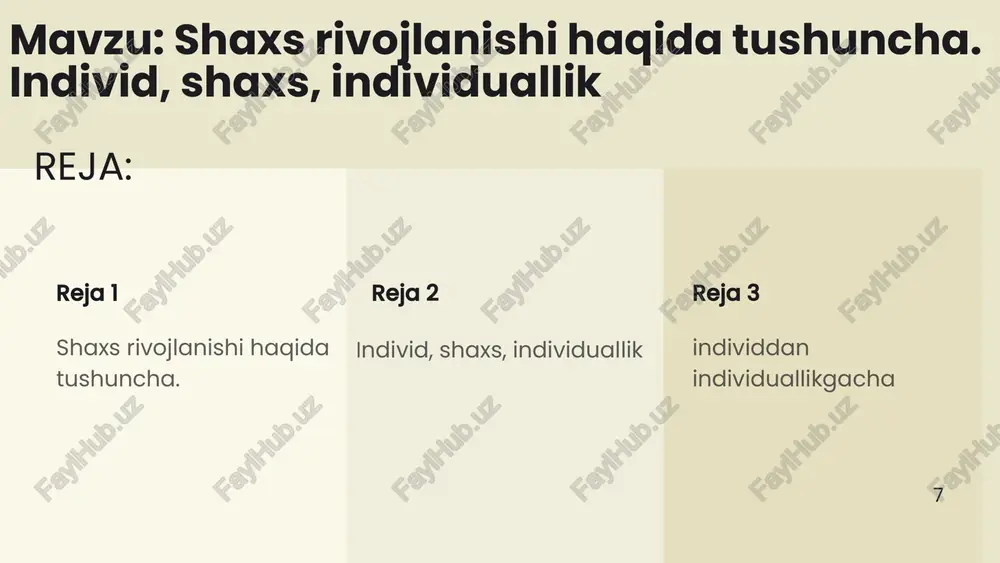 h va nasl qoldirish singari individual ehtiyoj bilan belgilanadi. 4 shaxs, mohiyatiga koʻra, madaniylashgan, ong, aql orqali faoliyatini boshqarish imkoniyatiga ega boʻlgan, ijtimoiy-tarixiy anʼana, turmush tarzi va tajribaga asoslangan muayyan avlodlar vakili. shaxs fenomeni inson olamining butun murakkabliklarini oʻzida mujassam etadi. uni har tomonlama oʻrganish maqsadida turli davrlarda tadqiqot olib borilgan. ayniqsa, sharqda u yuksak axloqiymaʼnaviy meʼyorlar orqali tushunilgan va oliy xilqat, bebaho qadriyat deb hisoblangan. inson shaxs sifatida komillikka intiladi, hayot mazmunini boyitadi, shu asosda kishilik jamiyatining goʻzal va farovon boʻlishiga ehtiyoj sezadi. umumiy pedagogika nazariyasi 5 shaxsning hayot tarzi bevosita jamiyat hayotiga daxldor va hayot neʼmatlaridan toʻla foydalanishga haqli. shaxs tushunchasi inson tushunchasining yuksak koʻrinishi, oliy maqomidir. har qanday odam tabiiy mavjudligi, yashash huquqi va hayot qadriyatiga ega boʻlgan jonzotdir. biroq u hamma vaqt ham toʻlaqonli shaxs boʻlib yetilmasligi mumkin. umumiy pedagogika nazariyasi individ, shaxs, individuallik 6 umumiy pedagogika nazariyasi individ individ - lotincha “individium” degan so‘zdan kelib …