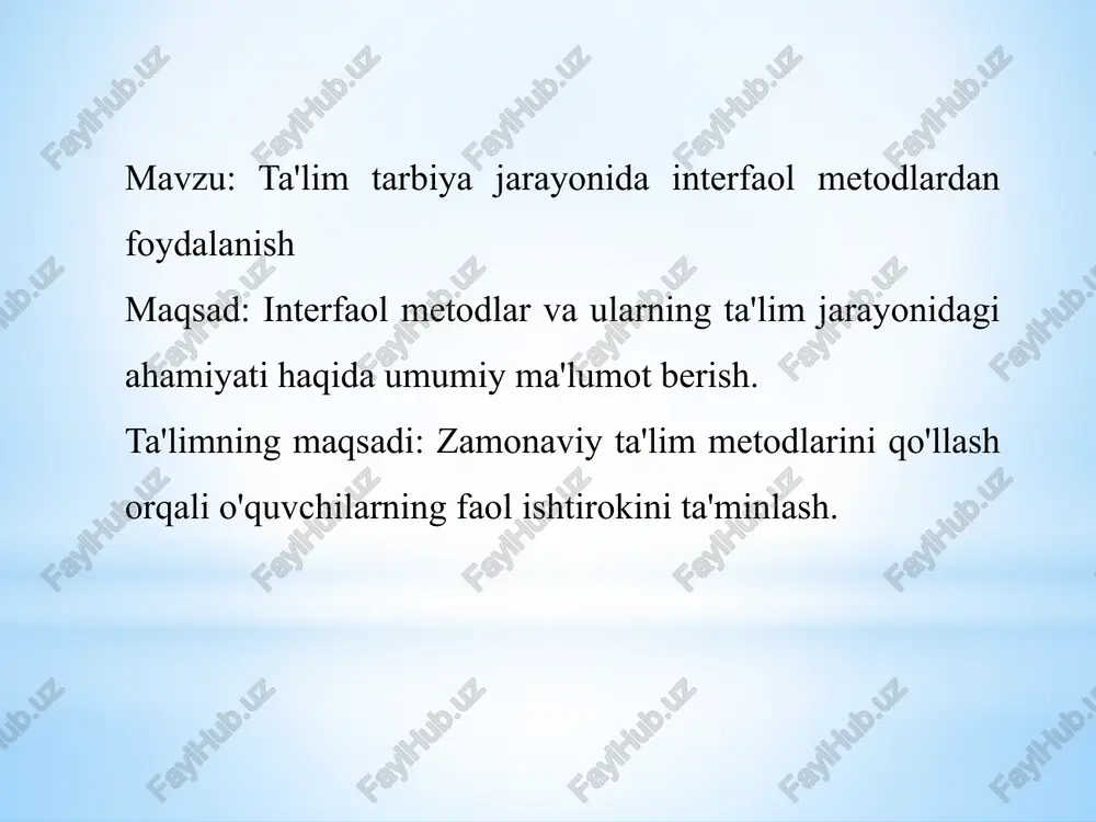 lar o'qituvchilar uchun qanday yordam beradi? o'qituvchilar uchun o'quvchilarning ehtiyojlarini aniqlash va ularga mos ta'lim usullarini tanlash imkonini beradi. o'qituvchilarga darsni qiziqarli va samarali o'tkazish imkonini yaratadi. tashkil etilgan guruhlar ishlarini, muhokama va loyihalarni baholash. interfaol metodlar orqali baholash o'quvchilarning faolligini va darsga qatnashuvini baholash. a) darsga tayyorgarlik o'quvchi darsga kelishdan oldin materiallarni o'zlashtirishga harakat qilishi kerak.o'quvchining o'qigan materiallariga tayyorlanib kelishi, savollarga javob berish yoki mavzu bo'yicha fikr bildirish bilan o'zining faolligini namoyon qiladi. b) samarali savol-javoblar o'quvchi o'qituvchining savollariga aniq va to'g'ri javob beradi.o'quvchi o'zining fikrini ifodalaydi va o'qituvchining savollariga javob berish bilan mavzuni tushunganini ko'rsatadi. c) darsdagi ishtirok dars davomida o'quvchi guruh ishlarida, munozaralarda yoki alohida topshiriqlarda faol ishtirok etishi kerak.faol ishtirok o'quvchining mavzuga qiziqishini va darsga e'tiborini oshiradi. d) mavzuga qiziqish va motivatsiya o'quvchi dars davomida faol bo'lib, yangi bilimlarga qiziqish bildiradi.darsga qiziqish va o'zini motivatsiya qilish, o'quvchining faolligini ko'rsatadi. o'qituvchilarning interfaol metodlarni qo'llashdagi tajribalarini misollar orqali …