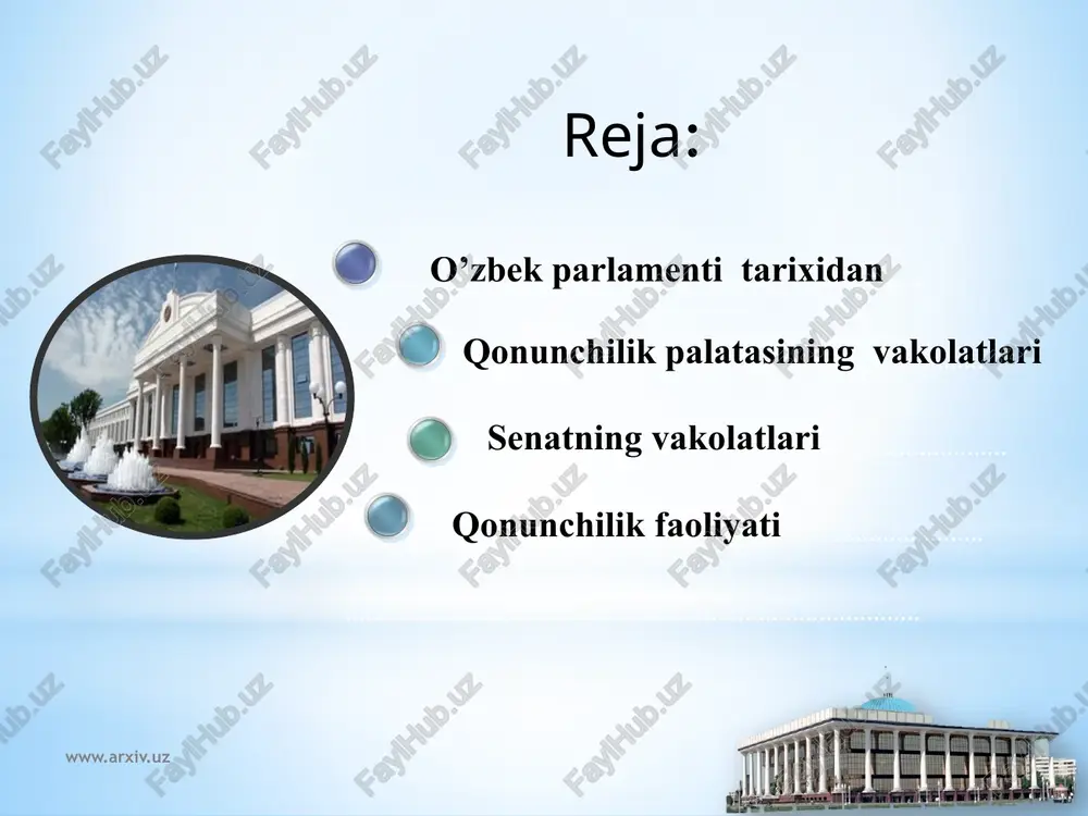arorlarining ijrosi ustidan nazoratni tashkil etadi; parlamentlararo aloqalarni amalga oshirish ishlariga hamda xalqaro parlament tashkilotlari ishi bilan bog‘liq qonunchilik palatasi guruhlarining faoliyatiga rahbarlik qiladi; o‘zbekiston respublikasi oliy majlisining senati, boshqa davlat organlari, chet davlatlar, xalqaro va o‘zga tashkilotlar bilan o‘zaro munosabatlarda qonunchilik palatasi nomidan ish ko‘radi; qonunchilik palatasi qarorlarini imzolaydi; farmoyishlar chiqaradi www.tsil.uz www.arxiv.uz spikerning vakolatlari qonunchilik palatasining majlislarini chaqiradi, ularda raislik qiladi; qonunchilik palatasi qo‘mitalari va komissiyalarining faoliyatini muvofiqlashtirib boradi; qonunchilik palatasi muhokamasiga kiritiladigan masalalarni tayyorlashga umumiy rahbarlik qiladi; deputatlikka nomzodlar sudlanmaganlik saylov kuni 25 yoshga to‘lganlik diniy idoraning xizmatchisi bo’lmaslik harbiy xizmatchi bo’lmaslik kamida 5 yil o‘zbda muqim yashayotganlik o’zbekiston fuqarosi bo’lish www.arxiv.uz qp qonun loyihalarini tayyorlash ishini olib borish, qp muhokamasiga kiritila- digan masalalarni dastlabki tarzda ko'rib chiqish va tayyorlash, o’zr qonunlari ham da palata tomonidan qabul qilinadigan qarorlarning ijrosini nazorat qilish uchun qonunchilik palatasi- ning vakolatlari muddatiga saylanadi. qp qo'mitalarining barcha a'zolari teng huquqlardan foydalanadilar. qo'mita …