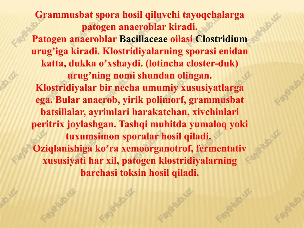 isbatan patogenligi tabiiy sharoitda qoqshol bilan ot va qoramollar kasallanadi. ularning koʼpchiligi qoqshol qoʼzgʼatuvchisini tashib yuradilar. kasallikning odamlardagi patogenezi kasallik bakteriyasi ular najasi orqali tuproqqa tushib, spora holida koʼp yillargacha saqlanib turishi mumkin. kasallik sporalari teri yoki shilliq qavatga tuproq orqali tushadi. ekzotoksin qonga tushadi va qon orqali miyaning harakatlantiruvchi nerv markaziga taʼsir etadi. nerv sistemaning zararlanishi natijasida organizmdagi turli muskul guruhlarining tortishi roʼy beradi. koʼp hollarda klinik belgilari aniq boʼlganligi uchun laboratoriya tashhisi oʼtkazilmaydi. bakteriologik usul: maxsus oziq muhitlarga sof hosilani ajratib olish uchun ekiladi. biologik usul: biologik sinama oq sichqonning orqa oyogʼi muskuli orasiga yuboriladi. laboratoriya tashhisi davosi va profilaktikasi maxsus profilaktikasida qoqshol anatoksini qoʼllaniladi. reja boʼyicha akds va ads-m vaktsinalar 2,3,4,16 oylikda va 7, 16-17, 26, 46 yoshli bola va kattalarga qilinadi. yarali infektsiya qoʼzgʼatuvchilari anaerob infektsiya poliepidemiologik kasallik. uni cl.perfingens urugʼiga mansub qoʼzgʼatuvchilarning bir necha turlari qoʼzgʼatadi. yarali anaerob infektsiya qoʼzgʼatuvchilariga cl.perfingens, cl.novyi, cl.septicum, cl.difficile, cl.sordellii, …