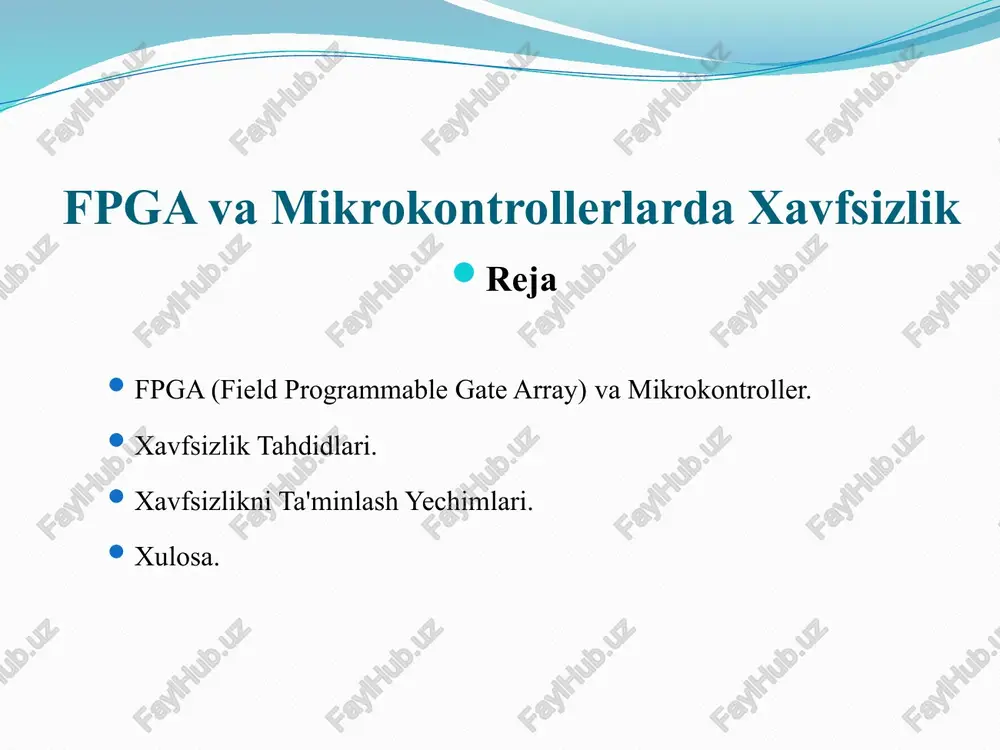 erflow) - dastur yangilanishiga soxta kod yuklash (fake firmware injection) tarmoqli hujumlar - man-in-the-middle (mitm) hujumi - denial-of-service (dos) hujumi - kirish huquqini buzish orqali boshqaruvni egallash xavfsizlikni ta'minlash yechimlari fpga xavfsizligi - shifrlangan konfiguratsiya fayllari (bitstream encryption) - autentifikatsiya mexanizmlari - jismoniy tamper aniqlash tizimlari - dynamic partial reconfiguration orqali faqat ishonchli modullarni yuklash mikrokontroller xavfsizligi - xotirani himoyalash (memory protection unit - mpu) - shifrlangan dastur va ma'lumotlar - secure boot orqali faqat raqamli imzoga ega firmware’ni ishga tushirish - tls/ssl protokollari orqali xavfsiz aloqa - ota (over-the-air) yangilanish xavfsizligini ta’minlash amaliy misol: aqlli qurilmalarda xavfsizlik aqlli uy tizimidagi sensor qurilma mikrokontroller yordamida ishlaydi. bu qurilma harorat, harakat yoki yorug‘lik kabi ma’lumotlarni tarmoqqa yuboradi. agar u tls orqali shifrlanmagan bo‘lsa, hujumchi ma’lumotlarni to‘xtatib, tizimga zarar yetkazishi mumkin. shuning uchun, xavfsiz boot, shifrlangan aloqa va autentifikatsiya zarur. 6. taqqoslovchi jadval: fpga va mikrokontroller xavfsizligi xususiyatlar fpga mikrokontroller shifrlash darajasi …