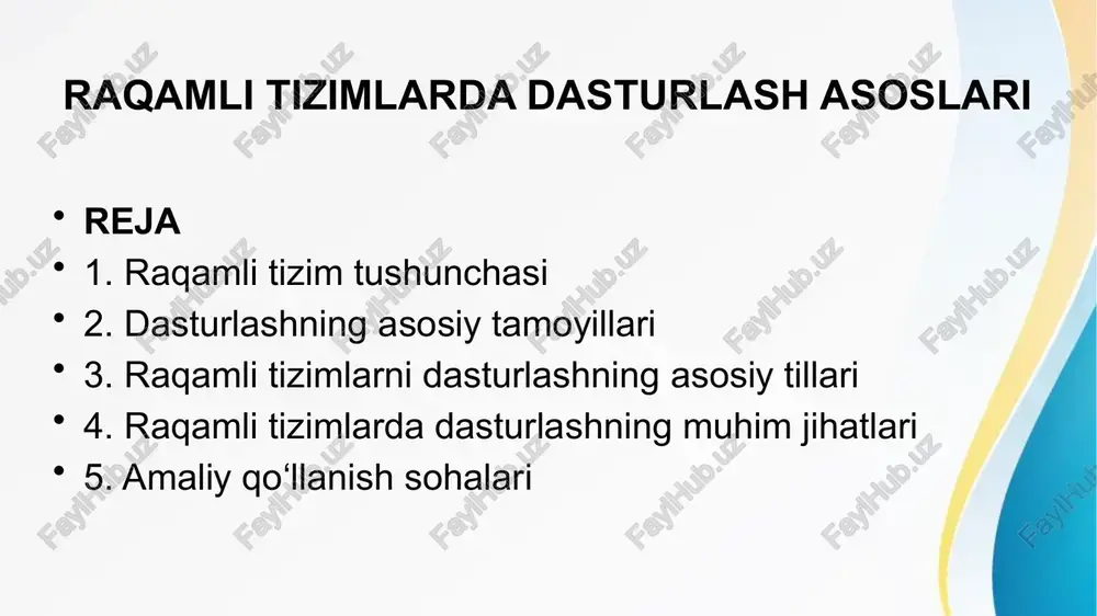 niladi. - real vaqt rejimi: ba’zi tizimlar uchun ishlash vaqtini qat’iy belgilash talab etiladi. 5. amaliy qo‘llanish sohalari raqamli tizimlarni dasturlash quyidagi sohalarda qo‘llaniladi: - robototexnika: robotlarning harakatini boshqarish. - avtomatlashtirish: ishlab chiqarish jarayonlarini boshqarish. - tibbiyot: diagnostika va tahlil qilish qurilmalari. - iot (internet of things): aqlli qurilmalar tizimini boshqarish. xulosa raqamli tizimlarda dasturlash asoslari zamonaviy texnologiyalarni samarali ishlatishda muhim ahamiyatga ega. dasturlash ko‘nikmalariga ega bo‘lgan mutaxassislar raqamli tizimlarni ishlab chiqishda, sinovdan o‘tkazishda va takomillashtirishda yetakchi rol o‘ynaydi. etiboringiz uchun rahmat image2.jpeg /docprops/thumbnail.jpeg andijon davlat universiteti it-injiniringi fakulteti ki: at-servis yo’nalishi 3-bosqich 303-guruh talabasi o’ktamov boburmirzoning raqamli tuzilmalarni loyihalashga kirish fanidan tayyorlagan mustagil ishi l / {