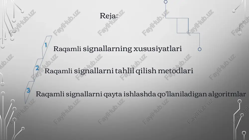 bu signallar haqida umumiy ma'lumot olishga yordam beradi. 5 raqamli signallarni tahlil qilishda qo'llaniladigan dasturiy ta'minotlar matlab raqamli signallarni tahlil qilish uchun keng qo'llaniladigan dasturiy ta'minot. u kuchli funktsiyalar va vizualizatsiya vositalariga ega. python ushbu dasturlash tili o'zining turli kutubxonalari orqali raqamli signalni qayta ishlashga yordam beradi. jupyter notebooklarni ishlatish mumkin. labview grafik dasturlash tili, u ko'pgina boshqaruv tizimlari va ilmiy tadqiqotlarda qo'llaniladi. signallarni vizual ravishda qayta ishlashga yordam beradi. 6 raqamli signallarni qayta ishlash usullari 1 shovqinni bartaraf etish raqamli signallardagi nojo'ya shovqinlarni bartaraf etish. filtrlash, o'rtacha hisoblash va boshqa usullar qo'llaniladi. 2 signallarni qayta shakllantirish signallarni kerakli shaklga keltirish. masalan, signallarning chastotasi yoki amplitudasi o'zgartirilishi mumkin. 3 signallarni siqish signallar hajmini kamaytirish. bu signallarni saqlash va uzatishni osonlashtiradi. 4 signallarni tahlil qilish qayta ishlangan signallarning ma'lumotlarini o'rganish va chiqishlarni bashorat qilish. bu turli sohalarda qo'llanilishi mumkin. 7 raqamli signallarni qayta ishlashda qo'llaniladigan algoritmlar adaptive filters vaqt o'tishi bilan …
