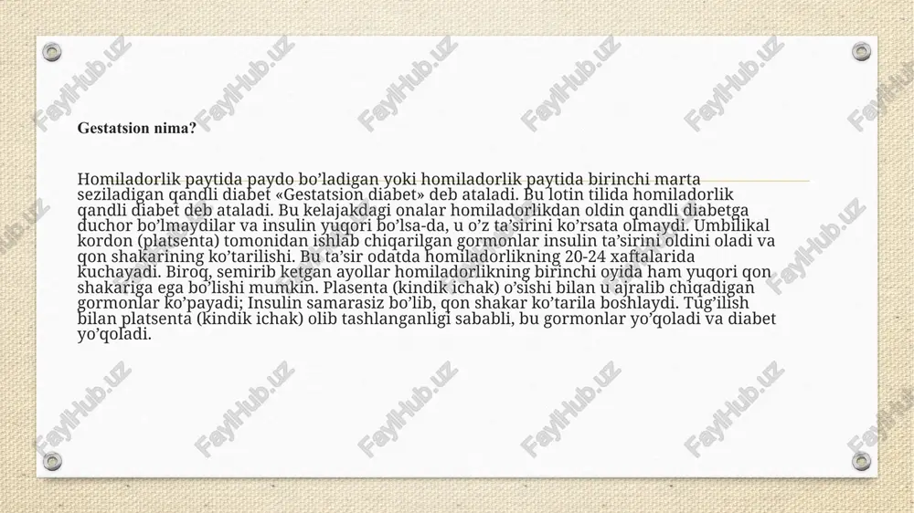 ham o‘tib ketadi. reproduktiv yoshdagi barcha ayollaming 0,3% qandli diabet bilan og‘riydi, shulardan 0,2-0,3% homilador ayol homiladorlikdan awal qandli diabetga chalingan, 1-5% homiladorlarda esa gestatsion diabet yoki haqiqiy qandli diabet namoyon bo‘ladi. 2% ayolda gestatsion diabet rivojlanishiga olib keluvchi omillaming kamida bittasi mavjud bo‘ladi: - metabolik sindrom; - yaqin qarindoshlar ichida 2-tur diabet; - qayta glyukozuriya; - gidramnion va yirik homila; - 4000 g dan ortiq bola yoki o‘lik tug‘ilgan bola; - yoshi 30 dan oshgan bo‘lsa. gestatsion diabetning sabablari gestatsion diabetning aniq sababi noma’lum bo’lib qolmoqda, ammo uning rivojlanishiga bir qancha omillar yordam berishi mumkin. homiladorlik davridagi gormonal o’zgarishlar tananing qon shakarini samarali qayta ishlash qobiliyatiga to’sqinlik qilishi mumkin, bu esa yuqori darajaga olib keladi. homiladorlikdan oldin ortiqcha vaznga ega bo’lgan yoki prediabet bilan og’rigan ayollar bu holatni rivojlanish ehtimoli ko’proq. . xavfli tomonlari chaqaloq uchun potentsial xavflar haddan tashqari tug’ilish vazni: yuqori qon shakar normaldan kattaroq chaqaloqqa olib …