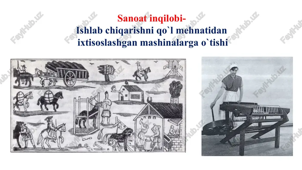 xtalardan suvni tortib olish uchun ishlatilgan. metallurgiya- qora metallurgiyada ilgari qo'rg'oshin va mis ishlab chiqarishda ishlatilgandek ko'mir koksini ko'mir o'rnini bosdi. endi koks nafaqat yuqori pechlarda cho'yan ishlab chiqarishda, balki 1783-1784 yillarda genri kort ixtiro qilgan temirni ishlab chiqarishda ishlatilgan. 6 angliya ispaniya shakarqamish plantatsiyalarida qullarning tekin mehnati kanada korxonalar boylikni manfakturaga sarflagan manfaktura-qo`l mehnatiga asoslangan korxona angliya vallonlar gugenotlar qirolicha yelizaveta chet ellik ustalar angliyada yashashi uchun bittadan ingliz shogird olish kerakligi to`g`risida qaror chiqardi to'qimachilik sanoati 18-asrning boshlarida angliya to'qimachilik sanoati hanuzgacha mahalliy hunarmandlar tomonidan mahalliy junni qayta ishlashga asoslangan edi. ushbu tizim "kottejlar sanoati" deb nomlangan, chunki ish uyda, hunarmandlar oilalari bilan yashagan kichkina kottejlarda amalga oshirilgan. ingichka ishlov berishni talab qiladigan zig'ir va paxta iplarini ishlab chiqarish o'rta asr angliya keng tarqalmagan, shuning uchun paxta matolari hindistondan olib kelingan. 1733 yilda uchar shutl ixtirosi ipga talabni oshirdi. 1738 yilda inson qo'llari ishtirokisiz ipni o’raydigan mashina yaratildi …