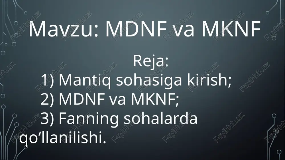 ”) – mulohaza qiymati “rost” bo‘lsa, qiymati “yolg‘on”, agar “yolg‘on” bo‘lsa, “rost” bo‘ladigan amal. mulohazalar ustida sodda amallar. “dizyunksiya” amali “∨” yoki “+” belgilari orqali ifodalanadi. quyidagi jadvalda x1 va x2 mulohazalarning dizyunksiyasini ko‘rishimiz mumkin: dizyunksiya amaliga misol: “konyunksiya” amali “∧”, “&” yoki “*” belgilari orqali ifodalanadi. quyidagi jadvalda x1 va x2 mulohazalarning konyunksiyasini ko‘rishimiz mumkin: konyunksiya amaliga misol: “inversiya” amali “˥x”, “” yoki “!x” belgilari orqali ifodalanadi. quyidagi jadvalda “x” mulohazaning inversiyasini ko‘rishimiz mumkin: inversiya amaliga misol: “f” funksiyaning elementar dizyunksiyasi bitta blokka joylangan, faqat dizyunksiya amallaridan tashkil topgan bo‘ladi: f=x1+x2; f=x1+x3; f=x1+x2+x3. “f” funksiyaning elementar konyunksiyasi bitta blokka joylangan, faqat konyunksiya amallaridan tashkil topgan bo‘ladi: f=x1*x2; f=x1*x3; f=x1*x2*x3. elementar dizyunksiya va elementar konyunksiya haqida. “dizyunktiv normal forma”(dnf) – elementar konyunksiyalarning ixtiyoriy dizyunksiyasi. f=(x1*x2)+x3; f=(x1*x3)+(x1*x2); f=(x1*x2*x3)+(x1*x3)+(x1*x2). “konyunktiv normal forma”(knf) – elementar dizyunksiyalarning ixtiyoriy konyunksiyasi. f=(x1+x2)*x3; f=(x1+x3)*(x1+x2); f=(x1+x2+x3)*(x1+x3)*(x1+x2). normal formalar haqida. agar har bir o‘zgaruvchi, inkori ham hisoblanganda, “f” formulada …