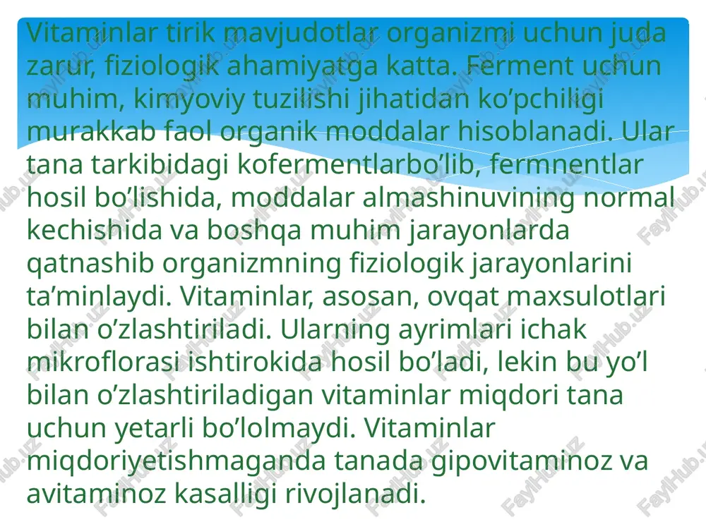 idoksin, folat kislota, tsianokobalamin,) nikotin kislota, askorbin kislota va rutin kiradi. tiamin dukkakli va boshqoli o’simliklarda (no’xat, loviya, suli) har xil mevalarda va hayvon mahsulotlarida uchraydi. u ichakdan oz miqdorda so’riladi. odamning sutkalik ehtiyoji 2-2,5 pud. ixtiyoriy muxitda parchalanadi. tiamin surilganidan so’ng. atf yordamida fosforlanadi va fiziologik faol tiaminning pirofos efirida (kokarboksilazagi) o’tib, pirouzum kislotaning karboksillanishini ta’minlaydi. bundan tashqari u quvvat almashinuvida (a –ketoglutar kislotasining karboksillanishida) qatnashadi. shuning uchun yurak faoliyatida, mushaklar qiqarishida va nerv to’qimasi uchun ushbu vitaminning ahamiyati katta. b, vitamining yetishmasligi natijasida birinchi navbatda karbon suv almashinuvi buzilib, tanada sut kislota, pirouzum kislota yig’ila boradi. bu esa yurak, markaziy va periferiknerv tizimi faoliyatining buzilishiga olib keladi. vitamin b, (tiamin). avitaminozning og’ir turlarida beri –beri yoki polinevrit kasalligi kuzatiladi. preparat yarim yoki to’la falajlik, mushaklar atrofiyasi, yurak va me’da –ichak hamda jigar kasalligida beriladi. tiamin tanada hosil bo’lmaydidi va bezarar hisoblanadi, lekin ayrim hollarda ko’ngil aynishi, bosh aylanishi …