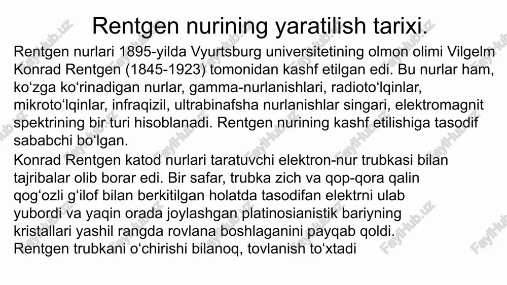 otoplastinkada kaft va barmoqlarning emas, balki kaft va barmoq suyaklarining tasviri paydo bo‘ldi. barmoqlarning biridagi nikoh uzugi ham shundoqqina ko‘zga tashlanib turardi. rentgenning o‘zi bu nurlarni x-nurlar deb atadi. keyinroq ularni rentgen nurlari deb atay boshlashdi. rentgen nurini 1 - marotaba tibbiyotda qòllanishi. 1898-yilda rentgen nurlarini birinchi marotaba tibbiy maqsadlarda foydalanishga kirishildi. harakatdagi britaniya armiyasi uchun maxsus rentgen trubkasi bilan jihozlangan tashxis apparati loyihalandi va jarohatlangan askarlarni tekshirish uchun harbiy poligonlarda keng qo‘llanila boshland bir qancha muddatdan keyin rentgen trubkasi takomillashtirila boshlandi. 1913-yilda aqshlik olim uilyam kulidj rentgen trubkasining katodini volfram tolalari bilan ta’minlab, rentgen trubkasining yanada takomillashtirilishiga o‘z xissasini qo‘shdi. buning natijasida yana ham sifatli va tiniqroq tasvir olish imkoniyati paydo bo‘ldi. keyinchalik ham olimlar va muhandislar, hamda, tibbiyot mutaxassisalari umumiy izlanishlar orqali rentgen nurlarining samaradorligini oshirish, ularning bemorlar va doktorlarga salbiy ta’sirlarini kamaytirish borasida muttasil izlanishlar olib bordilar. hozirgi kunda ham rentgen apparatlari tashxis va davolash masalalarida o‘z …
