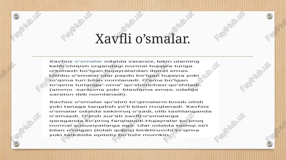 bu esa „ommaviy effekt“ deb nomlanuvchi omilga sabab bo'ladi. ushbu oʻsish ta'sirida mahalliy toʻqimalar, organlar siqilishi kelib chiqishi mumkin. bu koʻplab taʼsirlarga olib keladi, masalan, kanallarning bloklanishi, qon oqimining pasayishi(ishemiya), toʻqima oʻlimi(nekroz). xavfsiz o’smalar. xavfsiz oʻsmalar juda xilma-xildir. baʼzi oʻsmalar havfsiz boʻlsada hayot uchun xavfli gormonlarni ishlab chiqaradi. insulinoma- koʻp miqdorda insulin ishlab chiqarishi mumkin gipoglikemiya. gipofiz adenomalari- gormonlarning yuqori darajasiga olib kelishi mumkin. oʻsish gormoni va insulinga oʻxshash oʻsish omili-1 sabab boʻlgan akromegaliyaga olib keladi. ichak intussusepsiya- yoʻgʻon ichakda turli xil yaxshi oʻsmalar bilan paydo boʻlishi mumkin. kosmetik effektlar, ayniqsa, teri oʻsmalari bilan paydo boʻlishi mumkin. bu oʻsmaga chalingan odamga psixologik, kosmetik yoki ijtimoiy noqulaylik tugʻdiradi. qon tomir toʻqimalarining oʻsmalarida qon ketishi mumkin, bu baʼzi holatlarda anemiyaga olib keladi. lipoma- yogʻ hujayralarining odatdagi yaxshi xulqli oʻsmasi(lipotsitlar). xondroma- xaftaga hosil qiluvchi hujayralarning yaxshi oʻsmasi(xondrositlar). adenoma -bez hosil qiluvchi hujayralarning yaxshi oʻsmalari. jigar adenomasi- (yaxshi xulqli oʻsma gepatotsitlar, yoki jigar hujayralar). …