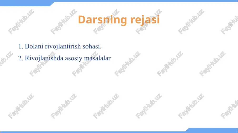 l-idrokida, tushunchalarida, xotirasida va tilida sodir bo`ladigan yoshga bog`liq o`zgarishlarni anglatadi. bu oilalar, maktablar va o`quvchilar jamoasida bolalarning tajribalari bilan rivojlangan o`zgarishlardir ijtimoiy-emotsional rivojlanish – his-tuyg`ular, o`z-o`zini anglash, motivatsiya, ijtimoiy munosabatlar va axloqiy fikrlash, xulq-atvorda yuzaga keladigan ko`plab o`zgarishlarni o`z ichiga oladi va bu ko`p jihatdan bolalarning boshqa odamlar bilan o`zaro munosabatlariga bog`liq 2-reja rivojlanishda asosiy masalalar rivojlanish psixologiyasi tarixidan mazkur psixologiya fanining sohasi alohida predmet sifatida xx asrning boshlarida vujudga kelgan, lekin dastlabki ildizi qadimgi yunon madaniyatiga borib taqaladi. uning predmeti va qonuniyatlari to‘g‘risida jahon psixologiyasi olamida turli qarashlar, nazariyalar mavjud. ularning juda keng tarqalganlari biogenetik (i. shtern), sotsiogenetik (k.levin), bixevioristik (e.torndayk), psixoanalitik (3.freyd) nazariyalardir. bola rivojlanishi taraqqiyoti bosqichlarida uchta asosiy muammo ajratiladi tabiat va tarbiya bolaning rivojlanishidagi genetik omillar va atrof-muhit ta’sirining birlashuvi universallik va xilma-xillik taraqqiyot yo`lidagi umumiylik va xilma-xillik sifat va miqdor o`zgarishi rivojlanish ko'pincha xatti-harakatlar va fikrlash jarayonlariga ko'plab kichik qo'shimchalar va o'zgartirishlar kiritib, bosqichma-bosqich …
