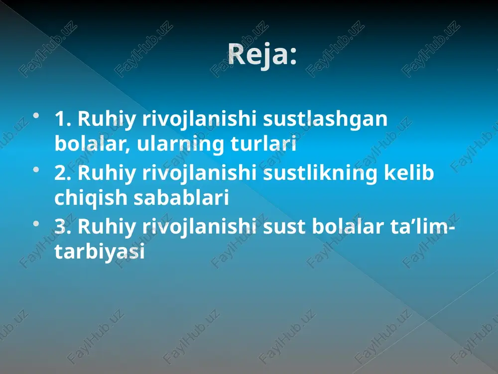 arov, n.a.sipina, r.d.triger olimlarning ma’lumotlariga ko‘ra boshlang‘ich sinf o‘quvchilarining 5, 8 foizini ana shunday bolalar tashkil etadi. k.s.lebedinskaya, g.p.berto‘n, e.m.dunaeva va boshqalar ruhan sust rivojlanganlikni klinik-psixologik jihatdan quyidagi hillarga bo‘lishni tavsiya etadilar: rrsning konstitutsional shakli. garmonik, qoldiqsiz, ruhiy va ruhiy-fizik infantilizm asosiy o‘rinni egallaydi (ruhiy turg‘un bo‘lmaganlar). bu turdagi bolalar o‘zlaridan bir necha yosh kichik bo‘lgan bolalar rivojlanishiga to‘g‘ri keladi. ularda kayfiyat ko‘tarinki, o‘yin faoliyatida tashabbuskorlik hislatlari saqlangan bo‘ladi. ta’limdagi qiyinchiliklar asosan intellektual qiziqishlarning va shaxsning butunlay rivojlanmaganligi yaqqol sezilib turadi. rrsning somatogen shakli. bu shakl asosan surunkali infeksiyalar, allergik holatlar, turli ichki kasalliklar (ichki a’zolar, ayniqsa yurak kasalligi) natijasida kelib chiqadi. ruhiy rivojlanishning susayishida asosiy rolni turg‘un asteniya o‘ynaydi, ya’ni ularda tez charchash, umumiy ruhiy tonusning pastligi ko‘rinadi. ba’zan somatogen infantilizmda turli nevrotik qo‘shilmalar: o‘z-o‘ziga ishonmaslik, qo‘rqish bilan birga kuzatilishi mumkin. rrsning psixogen shakli. bu shaklda asosan hissiy iroda sahasining buzilishi, yetarli pedagogik sharoitning bo‘lmasligi natijasida kelib chiqadi. atrof-muhitning …