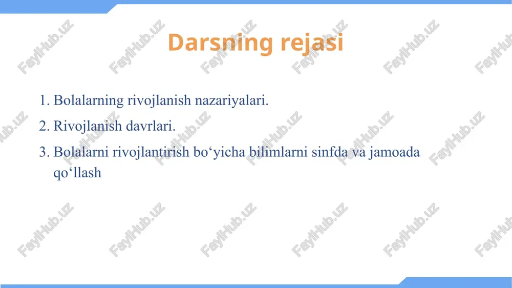 ti-harakatlarni o`z ichiga oladi kognitiv rivojlanish – bolalarning aql-idrokida, tushunchalarida, xotirasida va tilida sodir bo`ladigan yoshga bog`liq o`zgarishlarni anglatadi. bu oilalar, maktablar va o`quvchilar jamoasida bolalarning tajribalari bilan rivojlangan o`zgarishlardir ijtimoiy-emotsional rivojlanish – his-tuyg`ular, o`z-o`zini anglash, motivatsiya, ijtimoiy munosabatlar va axloqiy fikrlash, xulq-atvorda yuzaga keladigan ko`plab o`zgarishlarni o`z ichiga oladi va bu ko`p jihatdan bolalarning boshqa odamlar bilan o`zaro munosabatlariga bog`liq 2-reja rivojlanishda asosiy masalalar rivojlanish psixologiyasi tarixidan mazkur psixologiya fanining sohasi alohida predmet sifatida xx asrning boshlarida vujudga kelgan, lekin dastlabki ildizi qadimgi yunon madaniyatiga borib taqaladi. uning predmeti va qonuniyatlari to‘g‘risida jahon psixologiyasi olamida turli qarashlar, nazariyalar mavjud. ularning juda keng tarqalganlari biogenetik (i. shtern), sotsiogenetik (k.levin), bixevioristik (e.torndayk), psixoanalitik (3.freyd) nazariyalardir. bola rivojlanishi taraqqiyoti bosqichlarida uchta asosiy muammo ajratiladi tabiat va tarbiya bolaning rivojlanishidagi genetik omillar va atrof-muhit ta’sirining birlashuvi universallik va xilma-xillik taraqqiyot yo`lidagi umumiylik va xilma-xillik sifat va miqdor o`zgarishi rivojlanish ko'pincha xatti-harakatlar va fikrlash …