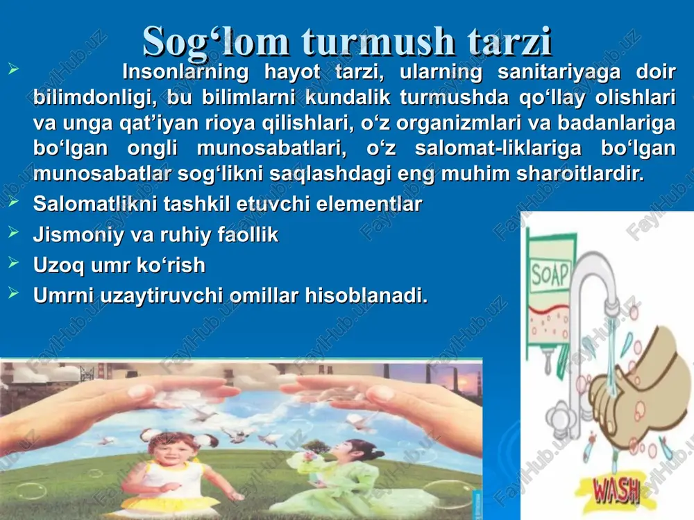 sst (butun dunyo sog‘liqni saqlash tashkiloti)ning salomatlik yo‘nalishlari salomatlik barcha uchun strategiyasi salomatlikka nisbatan quyidagi zarur shartlarni aniqlab beradi: urush qo‘rquvidan ozodlik va tinchlik; barcha uchun barobar imkoniyatlar; asosiy ehtiyojlarni qondirish: oziq-ovqat; boshlang‘ich ta’lim; suv ta’minoti va sanitariya; me’yoriy uy-joy; xavfsiz ish va jamiyatda foydali ahamiyatga ega bo‘lmoqlik; siyosiy erkinlik va jamiyatning qo‘llab-quvvatlashi. kasalliklarni paydo bo‘lishidagi xavf omillari 49-55% omillar noto‘g‘ri turmush tarzi bilan bog‘liq : noto‘g‘ri ovqatlanish, ichkilikni iste’mol qilish, xavfli ish sharoitlari, stress xolatlari, gipodinamiya, yomon ijtimoiy va maishiy sharoilar, tamaki chekish, narkotik moddalarni iste’mol qilish, oilalar yomonligi, yolg‘izlik, ma’lumot va madaniyati pastligi, yuqori urbanizatsiya. ijtimoiy - iqtisodiy omillar sanoat va qishloq xo‘jaligi, siyosiy va iqtisodiy tuzilishi, ish va uy sharoitlari, tibbiy xizmat ko‘rsatish va madaniyat, ta’lim va boshqalar. tabiat va ekologiya omillari iqlim, jo‘g‘rofik, meteorologik, gidrogeologik omillar, flora va faunani rivojlanishi, antropogen muhitni xarakteri va boshqalar. aholi salomatligiga havo muhitining radioaktiv moddalarni ta’siri aholi salomatligiga nihoyatda zarar …