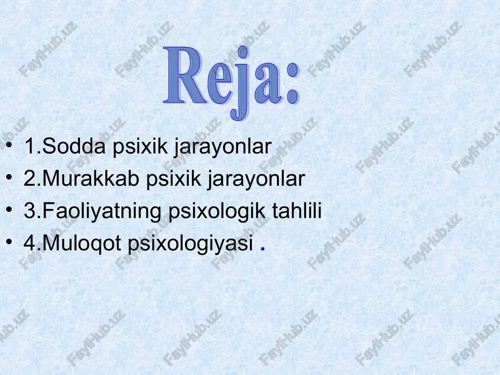 kin o’zgaradi, odamlar ongida, demokratik qadriyatlar qaror topadi.inson jamiyatdagi o’nini ongli ravishda o’zi belgilaydi”.bunda, albatta psixologiya fanining o’rni ham bor. inson va jamiyat o’rtasidagi munosabatlarning psixologik tomonlarini o’rganuvchi psixologiya sohalari quyidagilardan iborat. . . . . mehnat psixologiyasi-mehnat faoliyatining psixologik asoslari shaxsning kasbiy hususiyatlari kasb tanlash va kasbga yo’llash muammolari mehnatni ilmiy tashkil etish ishlab chiqarish samaradorligini oshirish mehnat jamoasidagi munosabatlarni o’rganadi. aviatsiya psixalogiya – uchish va uchuvchilarmehnati psixalogiyasi uchuvchilarni o’qitish va tayyorlash muammolarini tatqiq qiladi. kosmik psixologiya – kosmonavtlarni prodaviy va ahloqiy tayyorgarlik muamolari,mashq qilishi va ta’limning psixologik jihatlari maksimal va faoliyat bilan mashg’ullik va vazissizlikdagi psihilogik o’zgarishlar kosmosda ishlash jarayonida kosmonaftlarni xolatlarini o’rganadi va tatqiq qiladi. pedagogik psixologiya – ta’lim va tarbiyaning psixologik asoslari,o’qituvchi va o’quvchi munosabatlari,oliy muassasalarida talim mummolari shuningdek,mahsus maktablarda ta’lim tarbiya jarayonlarini o’rganish pedagogik psixologiyada ahloqiy egallamoqda. tibbiyot psixologiyasi – tibbiyot xodimlari va bemor orasidagi munosabatlar,miyaning fiziologik tizimi bilan psixologik hodisalar orasidagi bog’lanishi. yuridik psixologiya …