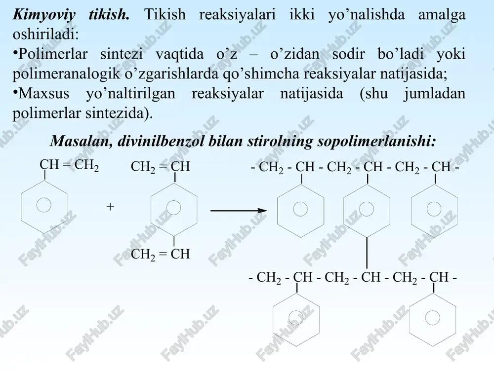 . vulkanlash tikuvchi agentlar (masalan, oltingugurt) va nurlar yoki radikallar ta’sirida amalga oshiriladi. oltingugurtli va oltingugurtsiz vulkanlash farqlanadi. a) oltingugurtli vulkanlash 130-1600c da kauchuk bilan oltingugurt aralashmasi qizdirilganda amalaga oshadi: oltingugurt qo’sh bog’ga nisbatan α – holatda joylashgan harakatchan vodorod atomlari bilan ham ta’sirlashishi mumkin: vulkanlash-sekin boradigan jarayon bo’lib, uni tezlashtirish uchun maxsus birikmalar-tezlashtiruvchilar (tarkibida oltingugurt saqlovchi organik birikmalar) qo’shiladi. ular vulkanlash jarayonida erkin radikallar hosil qiladi. natural (tabiiy) kauchuk issiqlik, yorug’lik va asosan kislorod ta’siriga juda sezgir bo’ladi. bular ta’sirida kauchuk tez eskiradi ya’ni o’zining xossalarini yo’qotadi. buning oldini olish uchun ularga antioksidantlar, masalan, 1-fenil-naftilaminlar qo’shiladi. vulkanlash natijasida yumshoq va qattiq rezinalar hosil bo’ladi: kauchukni vulkanlashda oltingugurtning miqdori 32% dan 50% gacha bo’lgan mahsulot ebonit deyiladi. ebonit qattiq modda bo’lib, elektrotexnikada izolyator sifatida ishlatiladi. u organik erituvchilarda eriydi. kauchuk - diyen uglevodorodlari polimerlanishining tabiiy yoki sintetik mahsuloti. kauchuklarning muhim fizik xossalari: elastikligi, yedirilishga chidamliligi, suv va gazlarni o’tkazmasligidir. a) …