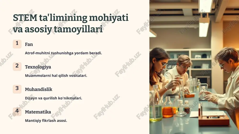 m va steam ta'limini rivojlantirishga katta e'tibor qaratmoqda. maktablarda zamonaviy laboratoriyalar tashkil etilmoqda. o'qituvchilarning malakasi oshirilmoqda. kelajak avlod uchun yangi imkoniyatlar yaratilmoqda. maktablarda innovatsion dasturlar joriy etish. o'qituvchilar malakasini oshirish kurslari. kelajakda global raqobatbardosh kadrlar. 8 stem/steam ta'limi uchun resurslar va imkoniyatlar onlayn platformalar coursera, edx, khan academy. robototexnika klublari amaliy ko'nikmalar. ilmiy markazlar tadqiqot imkoniyatlari. talabalar va o'qituvchilar uchun ko'plab resurslar mavjud. loyiha asosida o'qitish va amaliy ko'nikmalarni rivojlantirishga urg'u berilmoqda. bu imkoniyatlar kelajak mutaxassislarini tayyorlashda yordam beradi. 9 xulosa: kelajak uchun tavsiyalar va yo'nalishlar stem va steam ta'limi kelajak avlodni innovatsion fikrlashga o'rgatadi. bu esa dunyo miqyosida raqobatbardosh kadrlar yetishtirishga yordam beradi. san'atning qo'shilishi ta'limni yanada boyitadi va ijodiy yondashuvni kuchaytiradi. davomiy ta'lim 1 xalqaro hamkorlik 2 sanoat bilan aloqa 3 10 image1.png image11.jpeg image2.png image12.jpeg image3.png image13.jpeg image4.png image14.jpeg image5.png image15.png image16.png image17.png image18.png image19.png image6.png image20.png image21.png image22.png image7.png image23.png image24.png image25.png image8.png image26.jpeg image27.png image28.png …