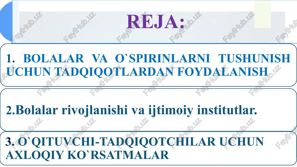 imoiy tajribasini egallab, “shaxs”bo`lub yetishini o`rganishda to`gri yo`l topishga yordam beradi. rivojlanish psixologiyasining tadqiqot metodlari eksperiment metodi kuzatish metodi test metodi suhbat metodi sotsiometrik metodi eksperiment metodi eksperiment metodi – o'z navbatida tabiiy va laboratoriya metodlariga ajratiladi. tabiiy tajriba metodlarining ilmiy asoslarini 1910 yilda rus psixologi a.f.lazurskiy kichik maktab yoshidagi bola shaxsini shakllantirishni o'rganish maqsadida qo'llagan. tabiiy metoddan foydalanishda, ishlab chiqarish jamoalari a'zolarining, ilmiy muassasalar xodimlarining, o'qituvchilar, keksaygan kishilarning psixologik o'zgarishlari, o'zaro munosabatlari, ish qobiliyatlari, mutaxassislikka yaroqliligi muammolarini hal qilish nazarda tutiladi. tabiiy sharoitda inson psixikasini o'rganishda sinaluvchilarning o'zlari bexabar bo'lishi ta'lim jarayonida berilayotgan bilimlar tadqiqot maqsadiga muvofiqlashtirilishi, katta yoshdagi odamlarga tarbiyaviy ta'sir o'tkazish, kundalik mehnat doirasida amalga oshirilishi lozim. kuzatish metodi kuzatish metodi – ikki xil bulib, ob'ektiv (tashqi) va sub'ektiv (ichki) kuzatish turlari mavjud. inson psixikasidagi o`zgarishlarni kuzatish uchun quyidagilar amalga oshiriladi: a) kuzatishning maqsad vazifasi belgilanadi; b) kuzatilayotgan ob'ekt tanlanadi; v) tadqiqot o'tkazish vaqti rivojlantiriladi; g) kuzatish …