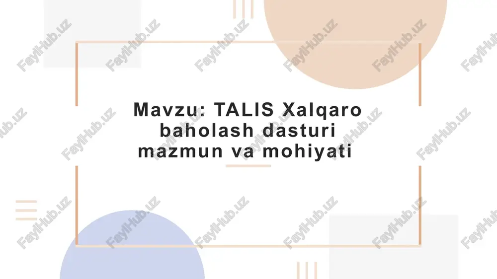 vaqt otishi bilan ozgarishlar yoki izchilliklar boyicha haqiqiy xalqaro taqqoslashlar va istiqbollarni taminlashdan iboratdir. ushbu korsatkichlarning tahlillarini talqin qilish talim siyosati va amaliyoti bilan bogliq manfaatdor tomonlarning uch guruhiga yonaltirilgan: 4.ularga oqituvchilik kasbini rivojlantirishga komaklashuvchi siyosatni korib chiqish va ishlab chiqishga yordam berish hamda samarali 5. o'qituvchilar, maktab rahbarlari va talim sohasidagi mutaxassislar uchun talim amaliyotini muhokamaga targib qilish va ularni takomillashtirish yollarini korsatish. ( 6.tadqiqotchilar, har bir kontent sohasi boyicha otgan tadqiqot adabiyotlarini yaratish (konseptual doirada aniqlangan) hamda talis va boshqa malumotlar yordamida keyingi tadqiqotlar uchun asoslovchi malumotlarni yaratish. talis qanday o‘tkaziladi? ishtirokchi mamlakatlarda tanlab olingan maktablar va o‘qituvchilar ishtirok etadi. so‘rovnomalar onlayn yoki qog‘oz shaklida to‘ldiriladi. javoblar maxfiy saqlanadi va faqat statistik tahlil uchun ishlatiladi. dastur har 5 yilda bir marta o‘tkaziladi. contents talis dasturining bosqichlari 1. tayyorlov bosqichi – so‘rovnoma mazmuni ishlab chiqiladi. 2. pilot sinov – kichik guruhda sinovdan o‘tkaziladi. 3. asosiy tadqiqot – so‘rovnomalar keng …