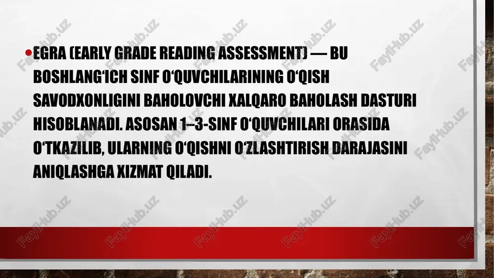xshilash bo‘yicha tavsiya va islohotlar kiritish. egma va boshqa baholash tizimlaridan farqi: egma testlari odatda og‘zaki va yozma shaklda o‘tkaziladi. baholash natijalari yordamida o‘quvchilarning real bilim darajasi aniqlanadi. egra (o‘qish bo‘yicha baholash tizimi) bilan ko‘pincha birgalikda o‘tkaziladi. image3.jpg image4.jpeg image5.jpeg image6.jpeg " egma va egra xalqaro —_ baholash dasturlarining afzalliklari /docprops/thumbnail.jpeg