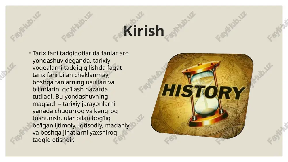 alarni tahlil qilish imkoniyatlari yanada kengaydi. psixologiya va madaniyatshunoslik bilan bog‘liqlik: tarixiy voqealar va shaxslar bilan bog‘liq psixologik va madaniy omillarni tahlil qilish insonlarning tarixi va ijtimoiy munosabatlarini yaxshiroq tushunishga yordam beradi. madaniy antropologiya va psixologik portretlar asosida o‘tmishdagi shaxslarning qaror qabul qilish jarayonlari ham chuqurroq o‘rganilishi mumkin. tarix va huquqshunoslik aloqasi huquqiy tarix – bu huquqshunoslik va tarix fanlarining kesishgan nuqtasi bo‘lib, qadimiy qonunlar, davlat boshqaruvi tizimlari, huquqiy normalar va qonunchilik amaliyotlari o‘rganiladi. bu yondashuv orqali davlatlarning rivojlanishi, inson huquqlarining shakllanishi va o‘zgarishi, shuningdek, jamiyatning turli davrlardagi siyosiy-iqtisodiy tizimlari tahlil qilinadi. tarix va lingvistika (tilshunoslik) aloqasi tarixiy lingvistika – bu soha tilshunoslik va tarixni birlashtiradi. tarixiy davrlar mobaynida tillarning o‘zgarishi va rivojlanishi, yozma manbalar orqali ma'lum bir xalqning madaniyati va tarixi haqida ma'lumot olish muhimdir. xulosa fanlar aro yondashuvning tarixi fani uchun afzalligi shundaki, u murakkab tarixiy hodisalarni ko‘p qirrali tahlil qilish imkonini beradi. shu orqali tarixiy tadqiqotlarning natijalari …