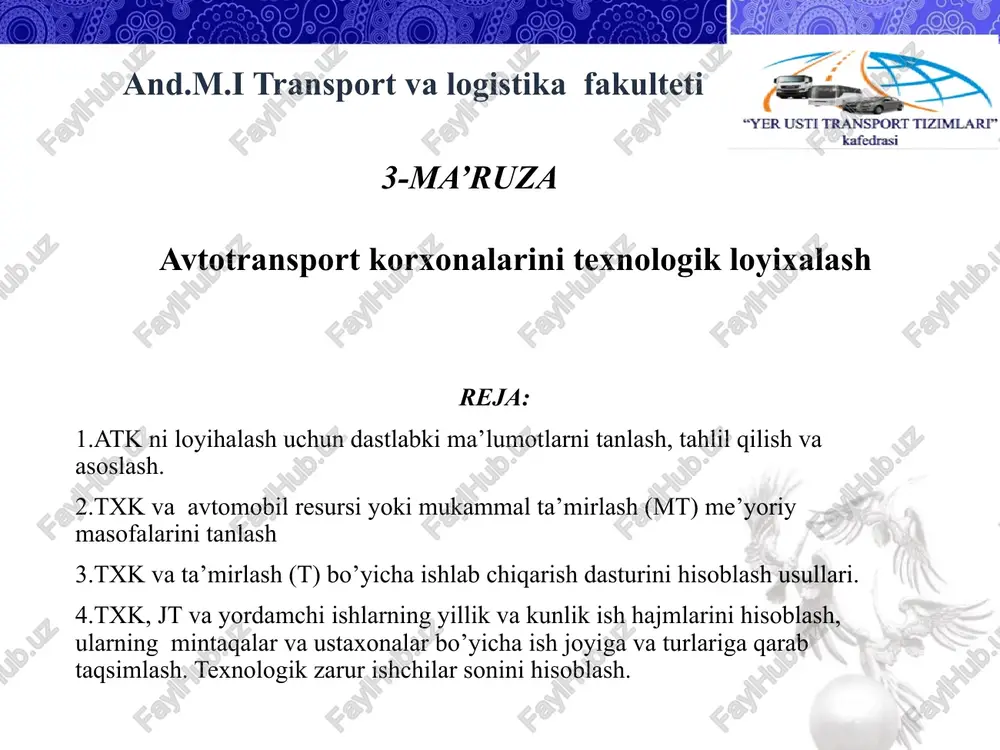 tomobillar ta’mirda oz vaqt turadi, asosiy ta’mirdan so’ng va ko’p yo’l bosib o’tgan avtomobillar ta’mirda ko’p vaqt turadi. and.m.i transport va logistika fakulteti respublikada ishlatilayotgan avtomobillar uchun texnologik hisobda txk va t me’yorlari va ularni to’g’rilash koeffitsientlari sobiq ittifoqning 1986 yildagi «avtomobil transporti harakat tarkibiga texnik xizmat ko’rsatish va ta’mirlash to’g’risida nizomi» da va 1996 hamda 1999 yillardagi «o’zbekiston respublikasi avtomobil transporti harakat tarkibiga texnik xizmat ko’rsatish va ta’mirlash to’g’risida nizom»ida keltirilgan. 1999 yil chiqarilgan nizomda resublikamizda chiqarilayotgan va xorijdan keltirilgan yangi avtomobillar me’yorlari ham keltirilgan. agar loyihalanayotgan atklardagi avtomobillar 1985 yildan oldin sobiq ittifoqda ishlab chiqarilgan bo’lsa, u holda 1969 va 1972 yillardagi sobiq ittifoq nizomi me’yorlaridan foydalanish lozim. o’zbekiston respublikasi «nizomi»da me’yorlar sobiq ittifoq nizomi me’yorlarini respublika tabiiy-iqlim sharoitini hisobga oluvchi (k3) to’g’rilash koeffitsienti qiymatlariga ko’paytirish orqali berilgan. istiqbolli avtomobillarga mo’ljallangan yangi korxonalar loyihalashda txk va t me’yorlari «atk larni texnologik loyihalashning umumittifoq me’yorlari» (tlum-01-91) dan olish mumkin. …