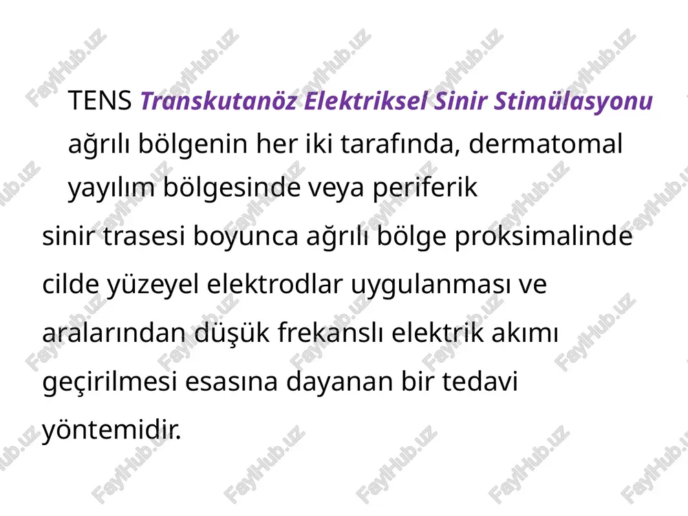 eder. medulla spinalis substantia gelatinosadaki hücreler nosiseptif ve duysal sinyallerle stimüle edilir. 8 kapı kontrol sisteminin, spinal kord dorsal boynuzda yer alan “substansia gelotinosa”da (sg) bulunan inhibitör internöron aktivitesinden sorumlu olduğu düşünülmektedir. elektrik akımının verdiği uyarı ile cilt üzerindeki kalın çaplı mekanoreseptörler uyarılır. düşük uyarı eşiğine sahip a beta lifleri arka boynuzda sg’daki inhibitör internöronları aktive eder. a delta ve c liflerine kollateral vermeden ve sinaps yapmadan spinal kordun posterior kolonunu geçer. burada a beta liflerinin pre-sinaptik inhibisyon ile a delta ve c liflerinin eksitabilitesini inhibe ettiği kısaca ağrılı uyaran geçişine kapıyı kapattığı ve segmental inhibisyon sağladıkları bildirilmektedir. i̇nhibitör internöronların aktive olması ile kapının kapanması şeklinde adlandırılan bu olay tahminen spinal kord dorsal boynuzunda yer alan ve ağrının geçişinden sorumlu “t hücreleri”nin inhibisyonu ile olur. böylece ağrı duyusuna ait veriler ağrı duyusunun geçişinden sorumlu hücrelerin inhibe edilmesi ile bilinç seviyesine ulaşamazlar. 2. endojen opioid salınımı: supraspinal seviyede gerçekleşir. i̇nen endojen …