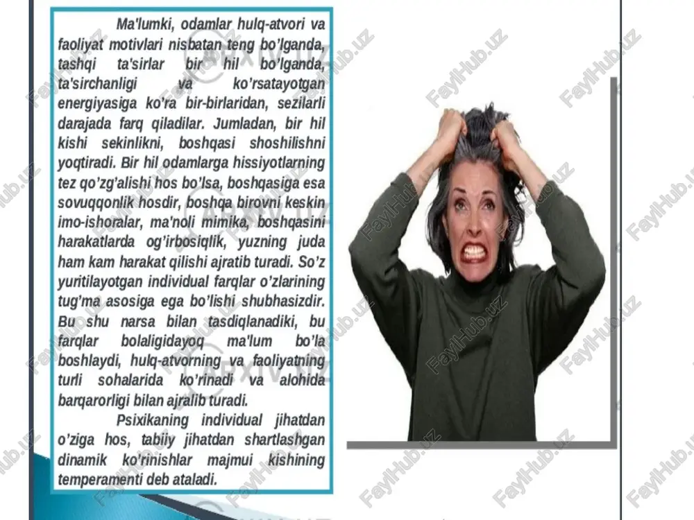 motiviari nisbatan.teng bo’lganda,| tashqi ta'sirlar bir hil’ » bo’lganda, ta'sirchanligi va ko’rsatayotgan energiyasiga ko’ra bir-birlaridan, sezilarli darajada farq qiladilar. jumladan, bir hil kishi_ sekinlikni, boshqasi shoshilishni yoqtiradi. bir hil odamlarga hissiyotlarning tez qo’zg’alishi hos bo’lsa, boshqasiga esa sovuqgonlik hosdir, boshga. birovni keskin} imo-ishoralar, ma‘noli mimika, boshgasini harakatlarda og’irbosiqlik, yuzning juda ham kam harakat qilishi ajratib turadi. so’z yuritilayotgan individual farglar o’zlarining tug’ma asosiga ega bo’lishi shubhasizdir. bu shu narsa bilan tasdiqlanadiki, bu farqlar _bolaligidayoq._ma‘lum __ bo’la boshlaydi, hulg-atvorning,va_faoliyatning,} turli sohalarida_ ko’rinadi ‘va © alohida barqarorligi bilan ajralib turadi. psixikaning individual jihatdan o’ziga hos, tabiiy jihatdan shartlashgan dinamik ko’rinishlar majmui_kishining temperamenti deb ataladi. his-tuyg‘ularning paydo bo'lish tezligi vakuchida, hamda kisliining umumiy harakatchanligida nomoyon bo'ladigan individual-psixologik xususiyatlar majmui temperament (lot. temperamentum-aralashma, gismlar nisbati) deb ataladi. 23:45|1,9kb/sn bw & “sal wat (25) xx @ temperament n ra : arxiv.uz bargarorligi bilan ajralib turadi. psixikaning individual jihatdan o’ziga hos, tabiiy jihatdan shartlashgan dinamik ko’rinishlar …