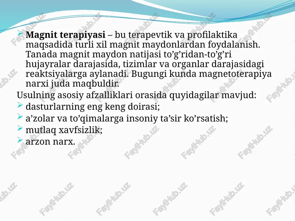 urtqa pog'onasi uchun magnit terapiya protsedurasi quyidagi kasalliklar uchun buyuriladi: skolioz; orqa miya churralari va protrusionlari; magnit terapiya servikal o'murtqa kasalliklari uchun qo'llaniladi. image2.jpeg image3.jpeg image4.jpeg image5.jpeg /docprops/thumbnail.jpeg mustagl ich ‘mavzu: tibbiyotda magnit ‘maydonlarining qollaniichi