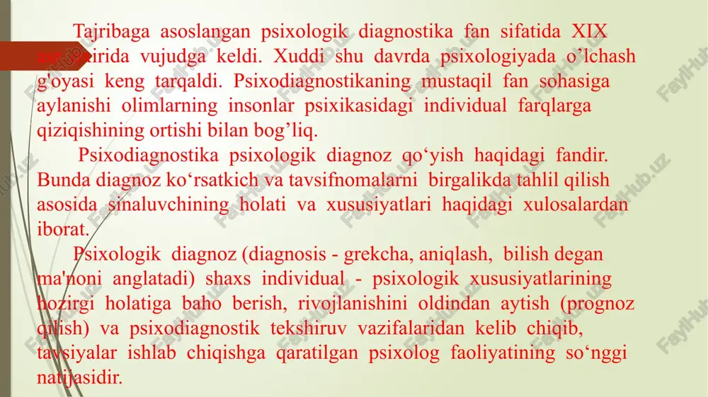 ishning yangi statistikaga asoslangan quroli - test ishlatila boshlangan. psixologiyada ilk bor psixometrik yo'nalish asoschisi f.galton testlar yaratgan. dastlabki test aqlni o‘lchash metodi sifatida qo‘llanildi, keyinchalik esa undan shaxsni uning reaktsiyalarini o'rganishda foydalanila boshlandi diagnostika qilinayotgan belgilar tadqiqot vazifalaridan kelib chiqib, turlicha psixologik farqlarni o‘z ichiga oladi: - yosh bo‘yicha. - ma’lymotiga ko‘ra. - madaniy darajasiga ko‘ra. - psixik holatlariga qarab, - genetik, psixofiziologik xususiyatlari bo‘yicha. - psixodiagnostika bir tomondan nazariy fan hisoblansa, boshqa tomondan psixolog amaliy faoliyatining sohalaridan biridir. nazariy fan sifatida psixodiagnostika ishonchli va validligi yuqori bo‘lgan diagnostik fikr va xulosalar chiqarish qonun-qoidalarini ishlab chiqish bilan shug‘ullanadi. - psixodiagnostika amaliy fan sifatida amaliy psixologiyaning psixoprofilaktika, psixologik tashviqot, psixologik korreksiya, psixologik maslahat kabi sohalar bilan o‘zaro munosabatda hisoblanadi. psixodiagnostika inson hayot faoliyatining talablaridan kelib chiquvchi psixologiya fanining sohalaridan biridir. psixodiagnostika ijtimoiy amaliyotning bir qancha sohalarida keng qo‘llanilib kelinmoqda. bular: l.kadrlarni tanlash, ulami joy-joyiga qo‘yish, kasbga yo'naltirish. 2.ijtimoiy xulq-atvomi prognoz …