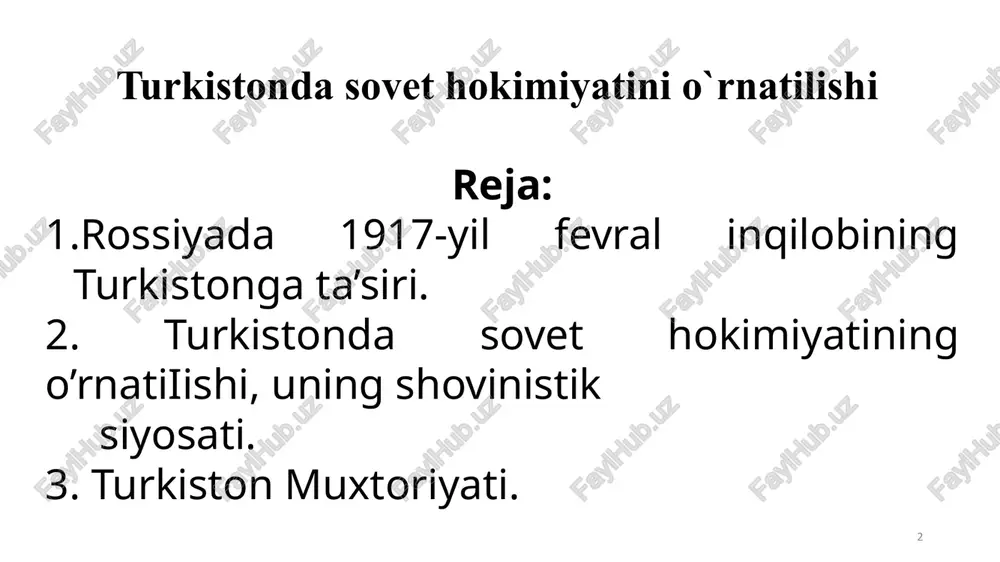 likka undovchi turli tashilotlar yuzaga keldi mahalli tashkilotlar sho`roiy islomiya 1917-yil 14 mart toshkent sho`roiy ulamo 1917-yil 28 avgust qo`qon rayosat 15 kishi toshkent-qo`qon ulamolari kelisholmadi jadidlar faoliyati 16 – 23 aprel butunturkiston musulmonlarining i – qurultoyi 10 – 11 sentyabr butunturkiston musulmonlarining ii – qurultoyi 1 – 2 may butunrossiya musulmonlarining i-qurultoyi 21 – 31 iyul butunrossiya musulmonlarining ii-qurultoyi sho`roi islomiya, ulamo, «turon» birlashdi ittifoqi muslimin nomli partiya butunturkiston musulmonlarining i – qurultoyi federatsiya tuzish g`oyasi demokratik rossiya respublikasi butunturkiston musulmonlarining ii – qurultoyi turkiston, buxoro va xivadan delegatlar qatnashdi qaram musulmon xalqlarni davlat tuzilishi butunrossiya musulmonlarining ii-qurultoyi musulmon qo`shinlarni tuzish 260 ta delegat qatnashdi butunrossiya musulmonlarining i-qurultoyi 1917-yil 24 oktyabrda qurol kuchiga tayangan v.i. lenin boshchiligidagi bolsheviklar (kommunistlar) petrogradda davlat to`ntarilishini amalga oshirishga kirishdi. 25 oktyabrda bolsheviklar partiyasi zo`ravonlik bilan muvaqqat hukumatni ag`darib tashladi. oktyabr to`ntarilishi oktyabr to`ntarilishi oktyabr to`ntarishi haqidagi xabar 27 oktyabrda toshkentga yetib kelgan. bu …