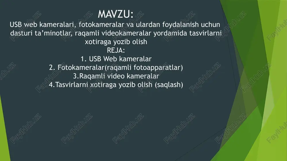 tabilizatsiya tizimlariga ega. raqamli videokameralar raqamli videokameralar — bu videolarni raqamli formatda yozib olish uchun mo'ljallangan qurilmalar. raqamli videokameralar an'anaviy analog kameralar o‘rniga raqamli texnologiyalarni qo‘llash orqali tasvir sifatini yaxshilaydi va ma'lumotlarni raqamli fayllar sifatida saqlash imkoniyatini beradi. asosiy tavsiflar: tasvir sifatining yaxshi boshqarilishi: raqamli videokameralar tasvirni yuqori aniqlikda (hd, full hd, 4k) yozib olishga imkon beradi. raqamli formatda yozilgan video oson tahrirlanadi va kompyuterga yuklab olishda qulaylik yaratadi. sensorlar: raqamli kameralar ccd (charge coupled device) yoki cmos (complementary metal-oxide semiconductor) sensorlaridan foydalanadi. bu sensorlar tasvir sifatini va yorug'likni yaxshi ko'rsatadi. tasvirlarni xotiraga yozib olish (saqlash) qurilmalar: 1. kompyuter qattiq diski (hdd/ssd) hdd (hard disk drive): qattiq disk — bu mexanik disk qurilmasi bo'lib, u ma'lumotlarni magnitli platalar ustida saqlaydi. diskning o'zagi o‘qish-yozish boshqaruvchisi orqali aylanadi, bu esa ma'lumotlarni saqlash va o'qishni amalga oshiradi. ssd — bu ma'lumotlarni saqlash uchun magnitli platalardan emas, balki flesh xotira (nand-flash) chiplaridan foydalanadi. ssdda …