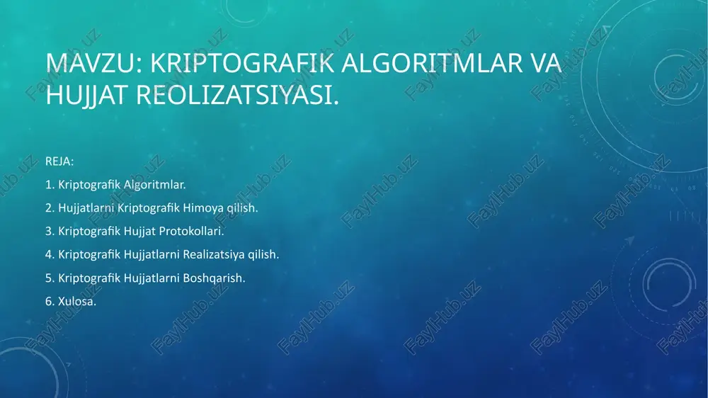 erak bo'ladi. misol: aes algoritmi yordamida hujjatni simmetrik usulda shifrlash, faqat o‘sha kalit bilan deshifrlanishi mumkin. rsa yordamida hujjatni ochiq kalit orqali shifrlash va faqat maxfiy kalit bilan deshifrlash mumkin. b. digital imzo (electronic signature) digital imzo hujjatni imzolash orqali uning yaxlitligini va autentifikatsiyasini ta'minlaydi. hujjatga qo‘yilgan digital imzo, hujjatni o‘zgartirish mumkin emasligini va imzo egasining asl nusxasini tasdiqlashni ta'minlaydi. misol: rsa yoki ecdsa (elliptic curve digital signature algorithm) yordamida hujjatni imzolash va uning imzosini tekshirish. c. xesh funksiyasi va yaxlitlikni tekshirish xesh funksiyasi yordamida hujjatning qisqa xesh (hash) qiymati yaratiladi va bu qiymat hujjat bilan birga yuboriladi. hujjatni olishda xesh qiymati yana hisoblanib, yuborilgan xesh bilan taqqoslanadi. agar ular mos kelsa, hujjat o'zgartirilmaganligini anglatadi. misol: sha-256 algoritmasi yordamida hujjatni xesh qilish va yuborish. kriptografik hujjat protokollari kriptografik algoritmlarni hujjatlarni himoya qilish uchun ishlatishda, turli protokollar qo‘llaniladi. bu protokollar hujjatlarni xavfsiz yuborish, autentifikatsiya qilish, va yaxlitlikni ta'minlash uchun muhimdir. a. …