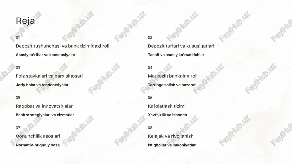 larida depozit foiz stavkalari (2025 yil ma'lumotlari) 17% milliy valyuta, qisqa muddat 1 yildan kam muddatli so'm depozitlar bo'yicha o'rtacha foiz stavkasi 20.8% milliy valyuta, uzoq muddat 1 yildan ortiq muddatli so'm depozitlarda maksimal daromad 3.2% xorijiy valyuta, qisqa muddat 1 yildan kam muddatli valyuta depozitlari uchun foiz 4.7% xorijiy valyuta, uzoq muddat 1 yildan ortiq muddatli valyuta depozitlarida foiz darajasi foiz stavkalari muntazam ravishda bozor sharoitlari, inflyatsiya darajasi va markaziy bankning pul-kredit siyosatiga muvofiq o'zgarib turadi. mijozlar eng yuqori foydani olish uchun turli banklar takliflarini solishtirishlari tavsiya etiladi. markaziy bankning depozit siyosatiga ta'siri asosiy stavka nazorati markaziy bank asosiy stavkani 14% darajasida belgilaydi (2025 yil mart holati). bu stavka butun moliyaviy tizimda foiz darajalarini shakllantirishda kalit rol o'ynaydi. pul-kredit siyosati pul-kredit siyosati vositalari orqali depozitlar va kreditlar hajmi nazorat qilinadi, iqtisodiyotdagi likvidlik darajasi tartibga solinadi. tartibga solish mexanizmlari majburiy zaxira talablari va ochiq bozor operatsiyalari depozit siyosatiga bevosita ta'sir …