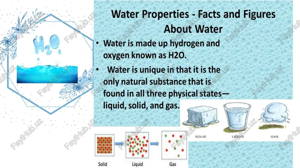mage7.jpeg image8.jpeg image9.jpeg image10.jpeg image11.jpeg image12.jpeg image13.jpeg image14.jpeg image15.jpeg image16.jpeg - . water properties - facts and figures about water * water is made up hydrogen and oxygen known as h20. * water is unique in that it is the only natural substance that is found in all three physical states— liquid, solid, and gas. solid raise 2° = oe liquid gas eee what is water” e © waterisa transparent fluid which forms the worlds streams, lakes, oceans and rain, and isthe major constituent of the fluids of living things: © for more information, water consist of one axygen molecule & to hydrogen molecule important facts about water * 60% of the human body is water ¢ 70% of the earth is covered in water — 97% of that water is salt water — 2% of that water is frozen in glaciers — 1% is fresh, drinkable water ¢ many …