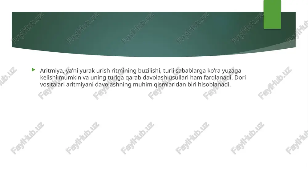 darajalari (sun'iy ritm haydovchisi bo'lmasa), kardiogen shok, og'ir yurak yetishmovchiligi (ayniqsa dizopiramid uchun), qt intervalining tug'ma yoki orttirilgan uzayishi. * ib sinfi (lidokain, meksiletin, fenitoin, tokainid) * ta'sir mexanizmi: natriy kanallarini zaif bloklaydi. ular asosan ishemiyaga uchragan (kislorod yetishmovchiligi bo'lgan) yurak to'qimalaridagi natriy kanallariga ko'proq ta'sir qiladi. harakat potentsialining davomiyligini va erpni qisqartiradi yoki o'zgartirmaydi. ekgda qt intervaliga kam ta'sir qiladi. * klinik qo'llanilishi: qorinchalar aritmiyalari (ayniqsa miokard infarkti fonida), yurak glikozidlari bilan zaharlanishda qorinchalar aritmiyalari. lidokain asosan tomir ichiga yuboriladi. meksiletin peroral (og'iz orqali) qo'llaniladigan lidokainga o'xshash dori. fenitoin ko'proq tutqanoqqa qarshi dori sifatida ma'lum, ammo ba'zi yurak aritmiyalarida ham ishlatiladi. * mumkin nojo'ya ta'sirlari: * lidokain: nevrologik buzilishlar (bosh aylanishi, uyquchanlik, paresteziyalar, titroq, talvasalar), gipotenziya, bradikardiya. * meksiletin: ko'ngil aynishi, qusish, bosh aylanishi, titroq. * qo'llash mumkin bo'lmagan holatlar: og'ir sinus tuguni zaifligi sindromi, yuqori darajadagi av-blokada (sun'iy ritm haydovchisi bo'lmasa), lidokainga yuqori sezuvchanlik. * ic sinfi (flekainid, …