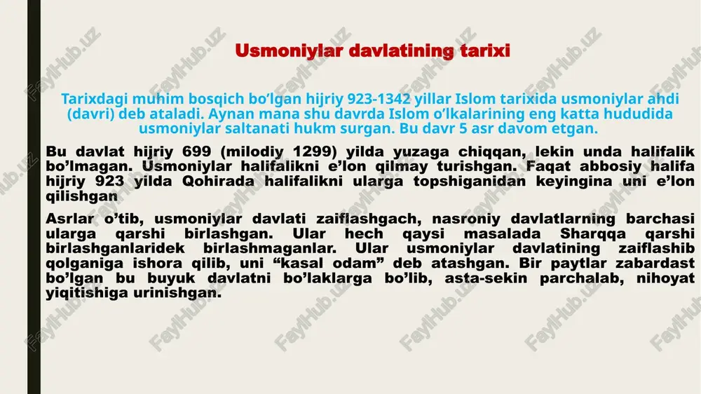 ar islom yurtlariga yurishlar, bosqinlar qilishgan edi, qizil dengizni ham qo’lga kiritishgan, hatto xijozni bosib olib, rasululloh sollallohu alayhi vasallamning qabrlarini egallab olishni ham rejalashtirishgandi. bu mash’um rejalarni usmoniylar barbod qilishdi. 4. usmoniylar andalus qulagandan keyinmag’rib yurtlariga ega chiqmoqchi bo’lib turgan ispanlarga ham qarshi turishdi. 5. usmoniylar o’rta osiyo va qora dengiz mintaqalaridagi musulmonlarni ruslarga qarshi kurashda qo’llab-quvvatladilar. 6. usmoniylar imperatorligi sionizmga ham qarshi turdi. yaxudiylar uzoq davrlardan beri falastinda davlat qurish niyati bilan yashar edilar. o’sha davrda ularning bu boradagi faoliyati yanada kuchaydi. aytilishicha, ular falastindan yer olish maqsadida sulton abdulhamid ii ga juda ko’p mol-mulk, aql bovar qilmas boyliklar va’da qilishgan. lekin sulton abdulhamid ii bu gaplarning birortasiga uchmagan va qattiq turib, ularga falastindan bir qarich ham yer bermagan. usmoniylar yaxudiylarga misrning sino mintaqasida turishga ham ruxsat berishmagan. 7. usmoniylar imperatorligi safaviylar davlatining vakili bo’lgan rofiziy shiy’alariga qarshi ham ko’p urushlar qilishgan. musulmonlar ko’rfaz yurtlarida va iroqda rofiziylardan …