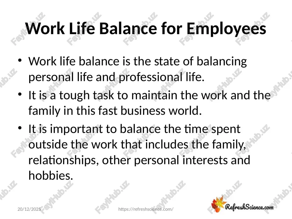 ife balance? here we have listed some important steps to ensure work life balance for an employee. take some break set priorities do exercise everyday spend time with family and friends take holiday trips maintaining healthy diet habits getting enough sleep pursuing hobbies leaving work pressure at work schedule one activity you look forward for a day know when to say no 24-08-2020 https://refreshscience.com/ benefits of work life balance when employees are given the space and time to live a balanced life, their well being increases and they feel happier. this definitely results beneficial for both the employee and the employer. the benefits are listed below: a motivated employee better levels in efficiency increase in productivity decrease in absence due to sick and stress improves in customer support more competition to work in the concern higher retention level success in achieving goals 24-08-2020 https://refreshscience.com/ conclusion thus, maintaining good work life …