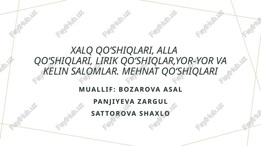 istonning mustaqillik kurashi, 1941-1945 yillardagi ikkinchi jahon urushi voqealari, va boshqa muhim tarixiy momentlar yoritiladi. 3 madaniy meros - tarixiy voqealar va shaxslar xalq qo‘shiqlarida madaniy meros sifatida saqlanadi, bu esa kelajak avlodlarga o‘z tarixini bilishga yordam beradi. xalq qo‘shiqlarining madaniyat va an'analar bilan bog'liqligi. 1 xalq qo‘shiqlari va madaniyat - o‘zbek xalq qo‘shiqlari, milliy madaniyatni ifodalovchi muhim unsurlardan biri bo‘lib, an'anaviy qadriyatlarni saqlashga yordam beradi. 2 an'anaviy to‘y marosimlari - xalq qo‘shiqlari, to‘y marosimlarida muhim rol o‘ynaydi, kelin va kuyovning hayotidagi eng muhim voqealarni nishonlaydi va ularga bag'ishlangan. 3 mehnat va hayot - mehnat qo‘shiqlari, odamlarning kundalik hayotidagi mehnat jarayonlarini tasvirlab, xalqning iqtisodiy va ijtimoiy ahvolini ifodalaydi. 4 madaniy meros - xalq qo‘shiqlari, o‘zbek madaniyatining boy merosini saqlab qoladi, kelajak avlodlarga o‘z tarixini va an'alarini yetkazadi. o‘zbek xalq qo‘shiqlaridagi musiqiy elementlar va uslublar. 1 melodiyalar va ritmlar - o‘zbek xalq qo‘shiqlarida melodiyalar va ritmlar asosiy o‘rin tutadi. ular ko‘pincha …