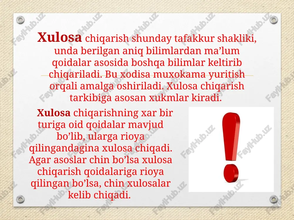 s emasligi haqida fikr bayon qilinadi. deduktiv xulosa chiqarishning ko’p uchraydigan xili sillogistik xulosa chiqarish, boshqacha aytganda, sillogizmlardir. sillogizm – qo’shib xisoblash degan ma’noni anglatadi. asoslari va xulosasi oddiy qat’iy xukmlardan iborat bo’lgani uchun oddiy qat’iy sillogizm deyiladi. oddiy qat’iy sillogizm uchta xukmdan iborat bo’lib birinchisi katta asos, ikkinchisi kichik asos, uchinchi kelib chiqadigan xukm xulosa deyiladi. oddiy qat’iy sillogizm uchta termindan iborat bo’ladi: katta termin – sillogizmning predikati, kichik termin – sillogizmning sub’ekti va o’rta termin – kata va kichik terminni bog’lab turadigan termindir. katta termin birinchi xukmning tarkibiga kirgani uchun u katta asos deyiladi. kichik termin ikkinchi xukmning tarkibiga kirgani uchun u kichik asos deyiladi. induktiv xulosa chiqarish induktiv xulosa chiqarish bevosita xulosa chiqarish qatoriga kiradi. induktiv xulosa chiqarish yordamida predmetlar va xodisalarning turli xususiyatlari o’rganiladi, ularning umumiy tomonlari haqida xulosa chiqariladi. induktsiyaning asosini yakkalik, xususiylik va umumiylikning uzviy aloqasi tashkil etadi. uning asosiy xususiyati shundan iboratki, induktsiya …