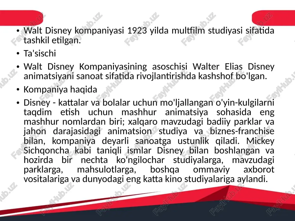 ngan 7 mitti ishlab chiqarilgan edi. keyinchalik, ishlab chiqarish xarajatlari keyingi bir necha animatsion filmlar bilan qiyinchiliklarga olib keldi; ikkinchi jahon urushi kelishi walt disney kompaniyasi urush harakatlariga o'z ko'nikmalarini qo'shganligi sababli filmlar ishlab chiqarishni to'xtatdi. urushdan so'ng kompaniyani tark etish qiyin kechdi, lekin 1950 yil o'zining birinchi jonli-aksiyasi filmi - treasure island va boshqa " cinderella " filmi - burilish nuqtasi bo'ldi. o'sha paytda disney ko'plab televizion seriyalarni boshlagan; 1955 yilda mickey mouse klubi o'zining birinchi debyutini yaratdi. 1955-yilda yana bir muhim voqea bo'ldi: birinchi kaliforniya disney parki, disneylendning ochilishi. disney o'z mashhurligini yuksaltirar va 1966 yilda uning asoschisi halok bo'lgandan keyin ham omon qoldi. o'sha paytda uning ukasi roy nazoratni o'z zimmasiga oldi, keyin esa 1971 yilda ijroiya jamoasi tomonidan muvaffaqiyatli bo'ldi. merchandising dan davom etayotgan animatsion va jonli aksiyalar filmlari yillarni to'ldirishga imkon yaratdi; disney 1983 yilda tokio disneylendning ochilish marosimida xalqaro ishtirok etdi. so'nggi bir necha …