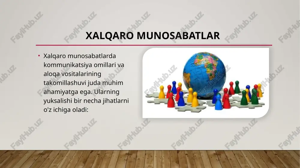 r tez tarqaladi. bu esa fuqarolik jamiyatlarining global miqyosda birlashishini va ovozini kuchaytiradi. xulosa xalqaro munosabatlarda kommunikatsiya omillarining yuksalishi va aloqa vositalarining takomillashuvi global hamkorlikni kuchaytiradi, muammolarni hal qilishda yordam beradi va tinchlikni ta'minlashda muhim rol o'ynaydi. bu jarayonlar davlatlar va xalqlar o'rtasida o'zaro tushunish va ishonchni oshirishga xizmat qiladi. image2.jpeg image3.jpeg image4.jpeg image5.jpeg image6.jpeg image7.jpeg image8.jpeg image9.jpeg image10.jpeg image1.jpg university e’ tiboringiz uchun rahmat! /docprops/thumbnail.jpeg