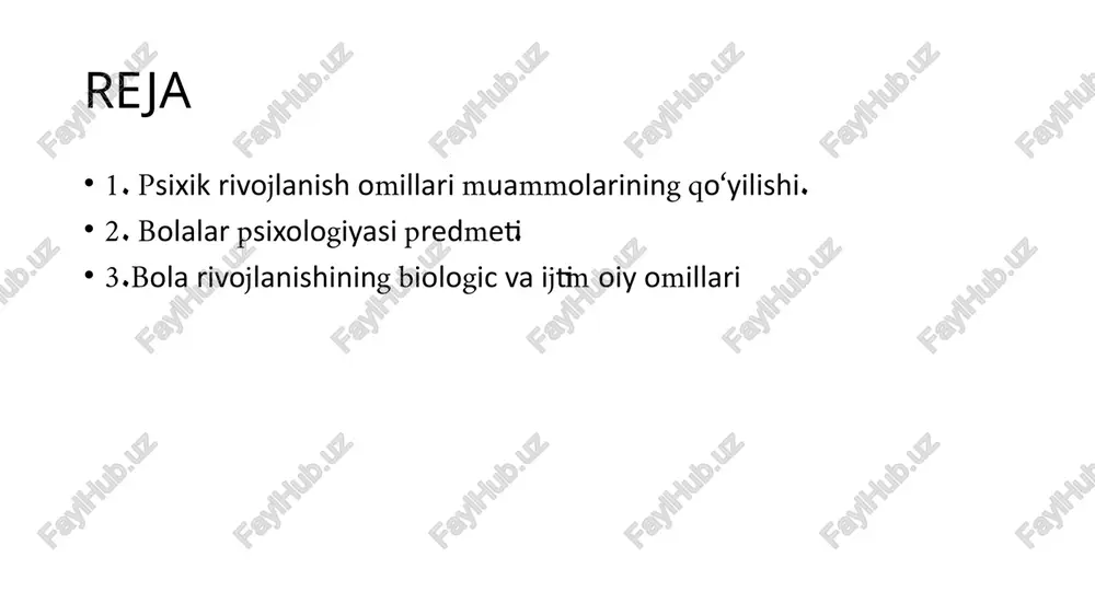 ezzel: bola xulqini yosh daavriga ko`ra qanday o`zgarishini aniqlagan (yetilish nazariyasi) 6.k.byuller: rivojlanishning 3 bosqichi (1.instinct-2.o`rgatish-3.intellekt) 7.j.bolduin: bola rivojlanishida ijtimoiy omillar (o‘yin) bola rivojlanishida ikki omilli nazariya v.shtern tomonidan ishlab chiqilgan emperizm (toza doska) + nativism (tug‘ma g‘oyalar) bola rivojlanishiga psixoanalitik yondashuv z.freyd psixoanaliz yo‘nalishining asoschisi inson psixikasi 3 bosqichdan iborat: -id (u); -ego (men); -super ego (oliy men yoki jamiyat). id… shaxsning primitiv yadrosi u tug‘ma xarakterga ega, ongsizlik joylashgan va qoniqish tamoyiliga bo‘ysunadi idda tug‘ma impulsiv qiziqishlar mavjud psixik rivojlanishni energetik asosini tashkil etadi. ego… shaxsni ratsional va anglanuvchi qism biologik yetilishga ko‘ra, hayotning 12 va 36 oylari orasida yuzaga keladi super ego… shaxsning tuzilmaviy tarkibi sifatida eng oxirida 3—6 yoshlar orasida shakllanadi insonning moslashishini ifodalaydi va bu jamiyatda qabul qilingan normalarga amal qilishini qattiq nazoratga oladi himoya mexanizmi… shaxsni salbiy kechinmalardan himoya qilishga yo'naltirilgan anglanmagan psixik jarayondir. shaxsning himoya mexanizmlari uning psixikasida ilk bolalik davrida paydo boladi …