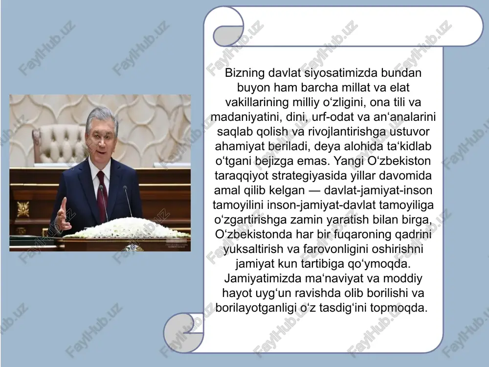 a’lim tizimidagi vazifalar quydagilardan iborat: 1 oliy taʼlimga qamrov darajasini 50 foizga yetkazish bilan birga asosiy eʼtibor taʼlim sifatini oshirishga qaratiladi. 2026-yilga qadar kamida 10 ta oliygoh nufuzli xalqaro reytinglarga kiritiladi; 2 talabalarning yashash sharoitini yaxshilash uchun kelgusi besh yilda qariyb 100 ming oʻrinli talabalar yotoqxonalari barpo etiladi; 3 oliy taʼlimda raqobat muhitini kuchaytirish maqsadida 2026-yilgacha xususiy oliygohlar soni kamida 50 taga yetkaziladi; 4 olimpiya va milliy sport turlari boʻyicha har ikki yilda oʻtkaziladigan umumrespublika sport oʻyinlari – milliy olimpiada tizimi joriy etiladi. “yangi oʻzbekiston – maʼrifatli jamiyat” bu, avvalo, maʼnaviy-axloqiy qadriyatlarimizni davr talablariga mos ravishda boyitish va rivojlantirish, shu orqali jamiyatning madaniy va maʼrifiy yuksalishiga erishish imkonini beradi yoshlarning intellektual salohiyati va dunyoqarashini yuksaltirish, vatanparvarlik, xalqqa muhabbat va sadoqat tuygʻusi bilan yashaydigan barkamol avlodni tarbiyalash – oliy maqsaddir. mamlakatimizda diniy bagʻrikenglik va millatlararo totuvlikni taʼminlash, fuqarolarimizni turli mafkuraviy tahdidlardan, zararli oqim va gʻoyalardan himoya qilish masalalari bundan buyon ham …