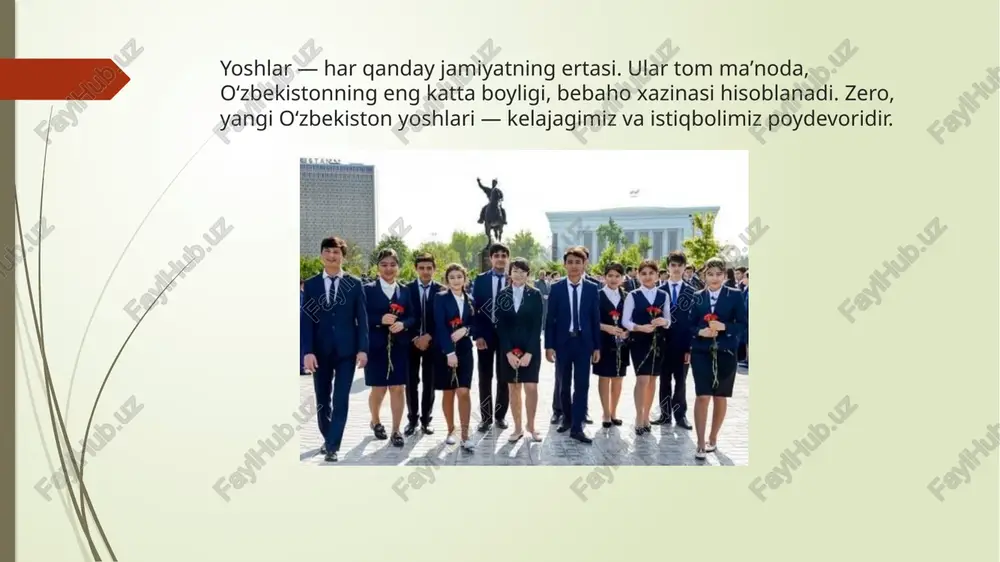 va salohiyatini to‘la namoyon etib, hamma sohada yuksak natijalarni qo‘lga kiritishmoqda. bugungi kunda prezident maktablari, ixtisoslashtirilgan maktablarning faoliyati, oltin, kumush medal joriy etilgani, fan olimpiadasi gʻoliblari, “zulfiya”, “mard oʻgʻlon” “kelajak bunyodkori” kabi davlat mukofotlarini joriy etilganining tub maqsadi, qonunning hayotiyligi va ijrosini taʼminlashdir alohida ta’kidlash joiz, “2017–2021-yillarda o‘zbekiston respublikasini rivojlantirishning beshta ustuvor yo‘nalishi bo‘yicha harakatlar strategiyasi”da va 2022-2026-yillarga mo‘ljallangan yangi o‘zbekiston taraqqiyot strategiyasida ham bu masala alohida o‘z aksini topdi. prezident shavkat mirziyoyev tomonidan ayni davrda insoniyat tarixidagi eng ko‘p yoshlar qatlami bilan yashayotganimizni inobatga olgan holda bmt minbarida yoshlar huquqlari to‘g‘risidagi bmt konvensiyasini qabul qilish taklifi ilgari surilgani ham xalqaro hamjamiyat tomonidan iliq qarshilandi. o‘zbekiston rahbari bunga asos qilib, bugun dunyo miqyosida yoshlarning soni ikki milliarddan ortib ketgani, xalqaro terrorizm va esktremizm shiddat bilan o‘sib borayotgan bir paytda yoshlarga himoya zarurligini muhim omillar sifatida asoslab berdi. shavkat mirziyoyevning o‘zbekiston respublikasi prezidenti sifatida birinchi imzolagan qonun hujjati – 2016-yil 14-sentyabrdagi …