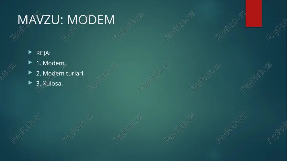 m foydalanish mumkin, chunki internet va ovozli aloqa alohida kanallarda uzatiladi. muntazam ishlatiladigan internet ulanish turlaridan biri. 3. kabel modemlar kabel modemlar televizion kabellar orqali internetga ulanishni ta'minlaydi. ular tarmoqni kabel kompaniyalaridan foydalanadi, bu orqali yuqori tezlikda internet aloqasi o‘rnatiladi. xususiyatlar: internet tezligi yuqori (50-1000 mbps). televizion kabellar orqali ishlaydi. yuqori tezlikdagi ulanishlar uchun yaxshi variant. 4. fibre optik modemlar optik tolali modemlar fiber-optik tarmoqlar orqali ishlaydi, bu esa juda yuqori tezlikdagi internetga ulanish imkonini beradi. ular juda tezkor va ishonchli internet aloqasini ta'minlaydi. xususiyatlar: juda yuqori tezlik (1 gbps va undan yuqori). minimal kechikish va yuqori sifatli ulanish. fiber-optik kabellar orqali ma'lumot uzatish. 5. wi-fi modemlar (router + modem) wi-fi modemlar modem va routerni birlashtirgan qurilmalardir. ular internetni o‘rnatib, wi-fi tarmog‘ini yaratishga imkon beradi, bu orqali bir nechta qurilmalar internetga simsiz ulanadi. xususiyatlar: wi-fi tarmog‘ini yaratadi. bir nechta qurilmani simsiz ulanishga imkon beradi. yuqori tezlikda internet ulanishi uchun ishlatiladi. …
