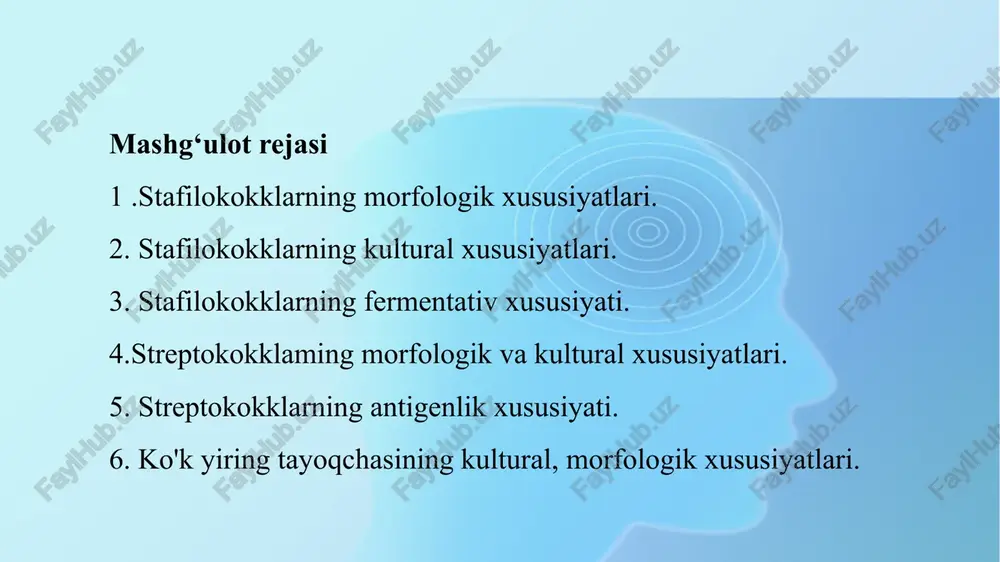 stafilokokk enterotoksinlari tushgan oziq-ovqat lardan zaharlanishlar, ya’ni ovqat intoksikalsiyasini ham chaqiradi. l.mikroskopik usul. 1.bakteriologik laboratoriyada biologik ashyo yiring, qon, qusuq massalari tekshiriladi. 2. buyum oynachasi ustida bakteriologik surtma tayyorlanadi. 3.tegishli bo‘yoqlar yordamida bo'yalib, xona haroratida quritiladi, stafilokokklar uzum shingili shaklida, grammmusbat bo‘yaladi. 4.immersion yog‘ tomiziladi va mikroskopda koiiladi. bunda ko‘rish maydonida mikroorganizmlarni morfologik va tintorial xususiyatlariga ta’rif beriladi. bakteriologik usul: 1) biologik ashyo tegishli oziq muhitlarga ekiladi. ekmani termostatda 18—24 soatga 37 °cda qoldiriladi. 2) 2-kun ekma termostatdan olinadi. kultural xususiyatlariga ta’rif beriladi. aralash kulturadan sof kultura ajratib olish uchun qiya qotirilgan agarga ekiladi va termos tatda 18-24 soatga 37 °cda qoldiriladi. 3) 3-kun qiya qotirilgan agardagi sof kultura eritiladi va petri kosachasiga quyiladi va mikroblaming antibiotiklarga sezgirlik xususiyatlarini o'rganish uchun antibio tik shimdirilgan qog'oz disklar qo'yiladi. ekmani termostatda 18—24 soatga 37 °c da qoldiriladi. 3.serologik usul. 1.bemordan sepsisga gumon qilinganda ashyo sifatida 8-10 ml qon olinadi va qandli bulonga …