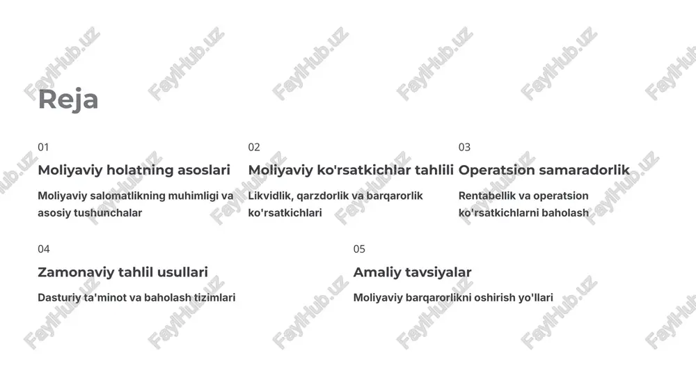 yaviy ko'rsatkichlar va ularning tahlili kompaniya samaradorligini o'lchash va baholash uchun asosiy vositalar likvidlik ko'rsatkichlari 1 joriy likvidlik koeffitsienti formula: joriy aktivlar / joriy majburiyatlar normal qiymat: 1.5 - 2.5 bu ko'rsatkich kompaniyaning qisqa muddatli qarzlarini o'z vaqtida to'lash qobiliyatini aks ettiradi. 2 tezkor likvidlik koeffitsienti formula: (joriy aktivlar - tovarlar) / joriy majburiyatlar normal qiymat: 0.8 - 1.0 bu ko'rsatkich kompaniyaning eng likvidli aktivlari hisobiga majburiyatlarni qoplash qobiliyatini baholaydi. 3 mutlaq likvidlik koeffitsienti formula: naqd pul / joriy majburiyatlar normal qiymat: 0.2 - 0.3 kompaniyaning naqd pul va qisqa muddatli investitsiyalar yordamida to'lov qobiliyatini ko'rsatadi. qarzdorlik va moliyaviy barqarorlik qarzdorlik darajasi ko'rsatkichlari qarzdorlik koeffitsienti kompaniyaning jami qarzlarini umumiy aktivlariga nisbatini ko'rsatadi. formula: jami qarzlar / jami aktivlar maqbul qiymat: 0.5 dan past solvency koeffitsienti kompaniyaning uzoq muddatli moliyaviy barqarorligini baholaydi. formula: xususiy kapital / jami aktivlar 1 dan yuqori bo'lsa, kompaniya moliyaviy barqaror hisoblanadi. 50% maqbul qarzdorlik optimal darajada …