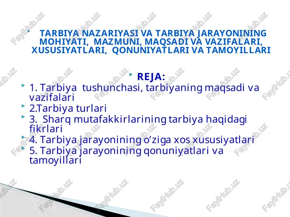 agona jarayondir. hayotimning barchasi, aslini olganda, faqat birgina davomli tarbiyadir. - tarbiya jarayoni dialektik xususiyatga ega: - tarbiya jarayoni ham ikki tomonlama jarayondir: - tarbiya natijalarining bir xil bo’lmasligi: - tarbiyaning komleks ya‘ni yaxlit xususiyaiga ega ekanligi. oila, turli jamoa tashkilotlari, fan-texnika, adabiyot, san‘at, ommaviy axborot vositalari, radio, televidenie va boshqalar ham tarbiyaga kuchli ta‘sir ko’rsatadi. tarbiya jarayonida shaxsning turli qobiliyatlari rivojlanadi, g’oyaviy aqliy, irodaviy, estetik xislatlari shakllanadi, tabiatga, jamiyatga ilmiy qarashlari tarkib topadi, jismoniy kuch-quvvatlari mustakamlanadi. tarbiya jarayonining tuzilishi. tarbiya jarayoni quyidagi bosqichlarni o’z ichiga oladi: - tarbiyaviy vazifalarni belgilash; - uning mazmuning, shakl va metodlarini aniqlash amaliy ko’nikma va malakalarni tarkib toptirish - o`quvchi-talabalarini umumiy talablar, me‘yorlar bilan tanishtirish; ularda ilmiy dunyo qarash va e‘tiqodlarni shakllantirish; ) sharq mutafakkirlarining tarbiya haqidagi fikrlari mashhur shaxslarning tarbiya haqidagi fikrlaridan. bilim, ma‘rifat yaxshi hulq, axloq bilan bezanmog’i lozim. (abu nasr farobiy) “bizga bitiruvchilar emas, maktab ta‘lim-tarbiyasini ko’rgan shaxslar kerak” o’zbekiston respublikasi …