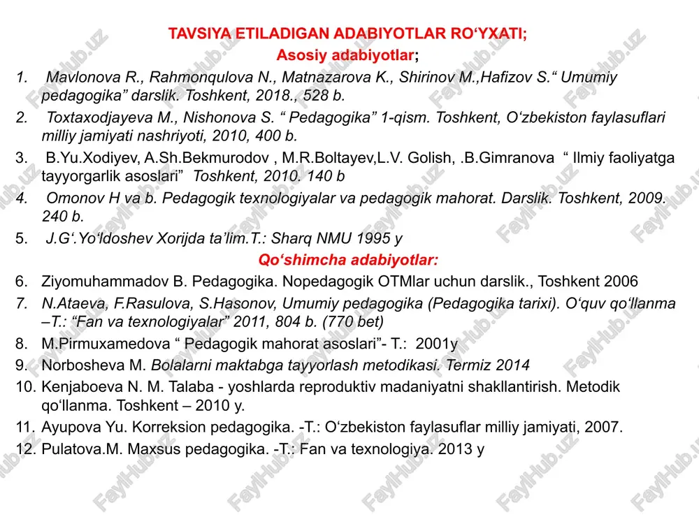 a, “a +”, “a”, “b +” baholari qo‘yiladi. agar talaba mavzu bo‘yicha materialni yaxshi bilsa, uni mazmunan to‘g‘ri bayon etsa, muloqot jarayonida faol ishtirok etsa, aniq va to‘liq javoblarni shakllantira olsa, ammo kichik xatolarga yo‘l qo‘ysa, unda “v”, “s+”, “s” baholari qo‘yiladi. agar talaba asosiy material haqida bilimga ega bo‘lsa, lekin uning tafsilotlarini puxta o‘zlashtirmagan bo‘lsa, noaniqliklarga yo‘l qo‘ysa, javob berishda yetarli darajada to‘liq ma’lumotlar bermasa, materialni taqdim etishda mantiqiy ketma-ketlikni buzsa, muloqot jarayonida qiyinchiliklarga duch kelsa, unda “d+”, “d” baholari qo‘yiladi. agar talaba savolning mohiyati to‘g‘risida tasavvurga ega bo‘lmasa, savollarga javob bermasa, muloqot jarayonida qatnashmasa, unda “f” (fail) bahosi qo‘yiladi. noma’lum sabablarga ko‘ra umumiy soatlarning 20% dan ortig‘ini o‘tkazib yuborgan talabalar yakuniy nazoratga kiritilmaydi. talabaning semestr davomida bajargan ishini baholashda quyidagilar hisobga olinadi: darslarga qatnashish; darslarda faol va samarali ishtirok etish; asosiy va qo‘shimcha adabiyotlarni o‘rganish; mustaqil ishlarni bajarish; barcha topshiriqlarni o‘z vaqtida topshirish. akademik odob –axloq va etika …